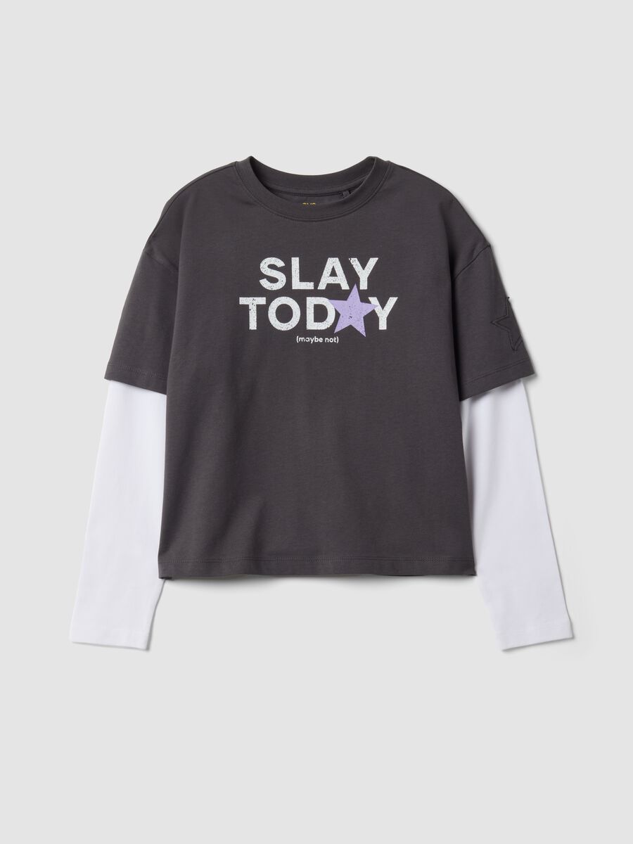 Girls&rsquo; grey oversized pure cotton T-shirt with double sleeves_3