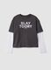 Girls&rsquo; grey oversized pure cotton T-shirt with double sleeves_3
