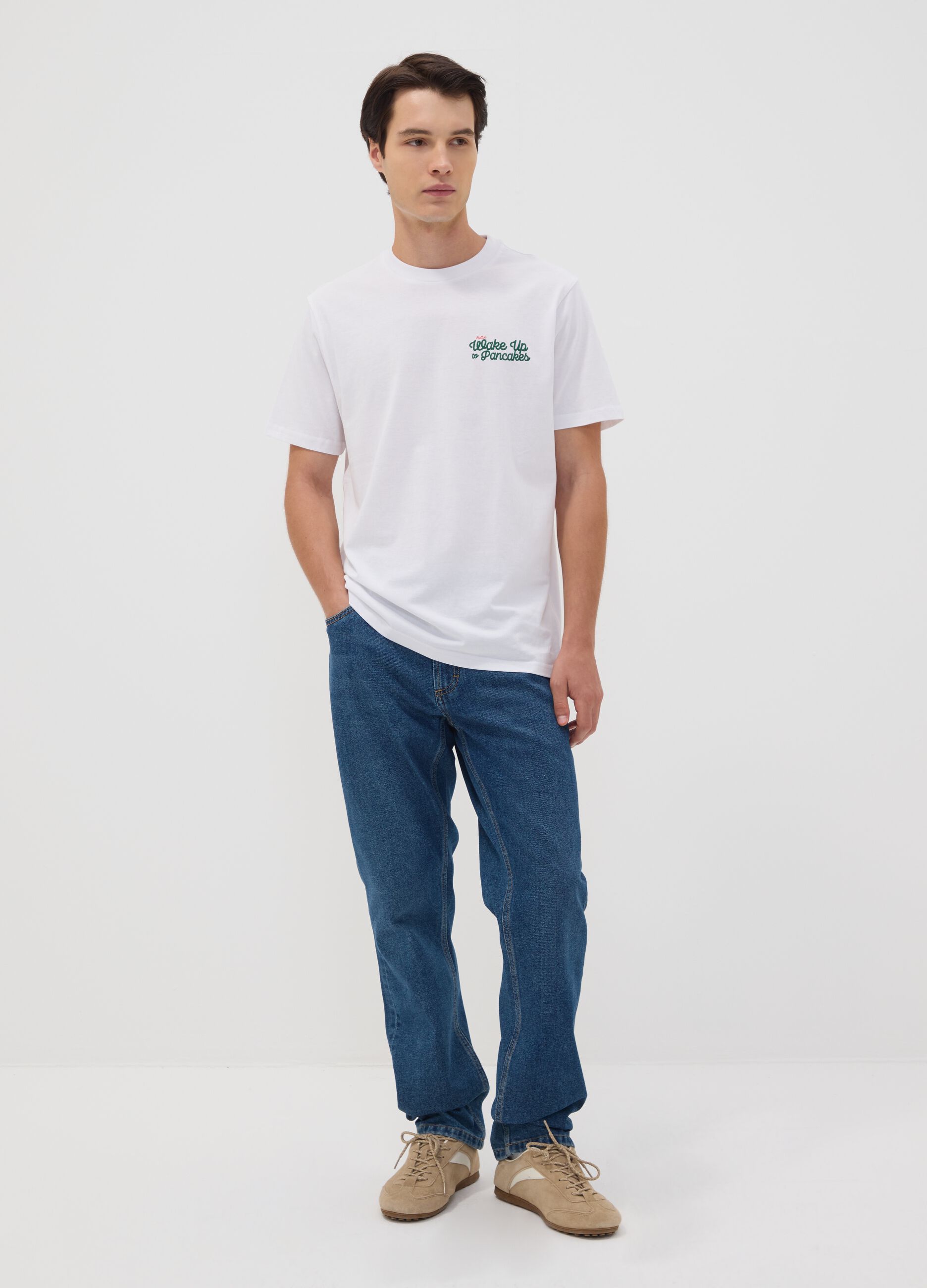White pure cotton jersey T-shirt with print, regular fit