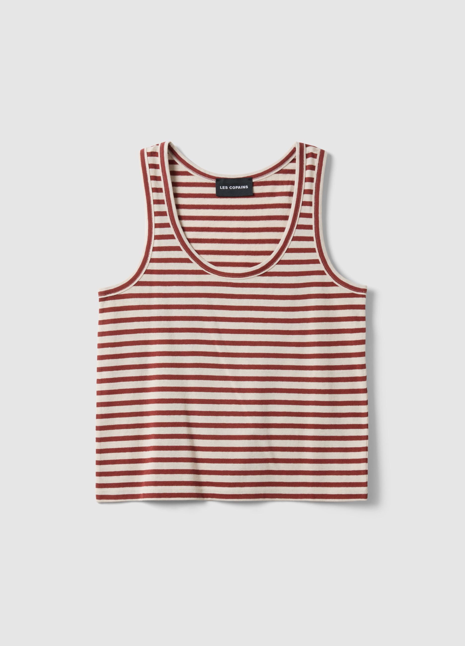 Top de al&ccedil;as de algod&atilde;o e linho com riscas multicolorido corte regular