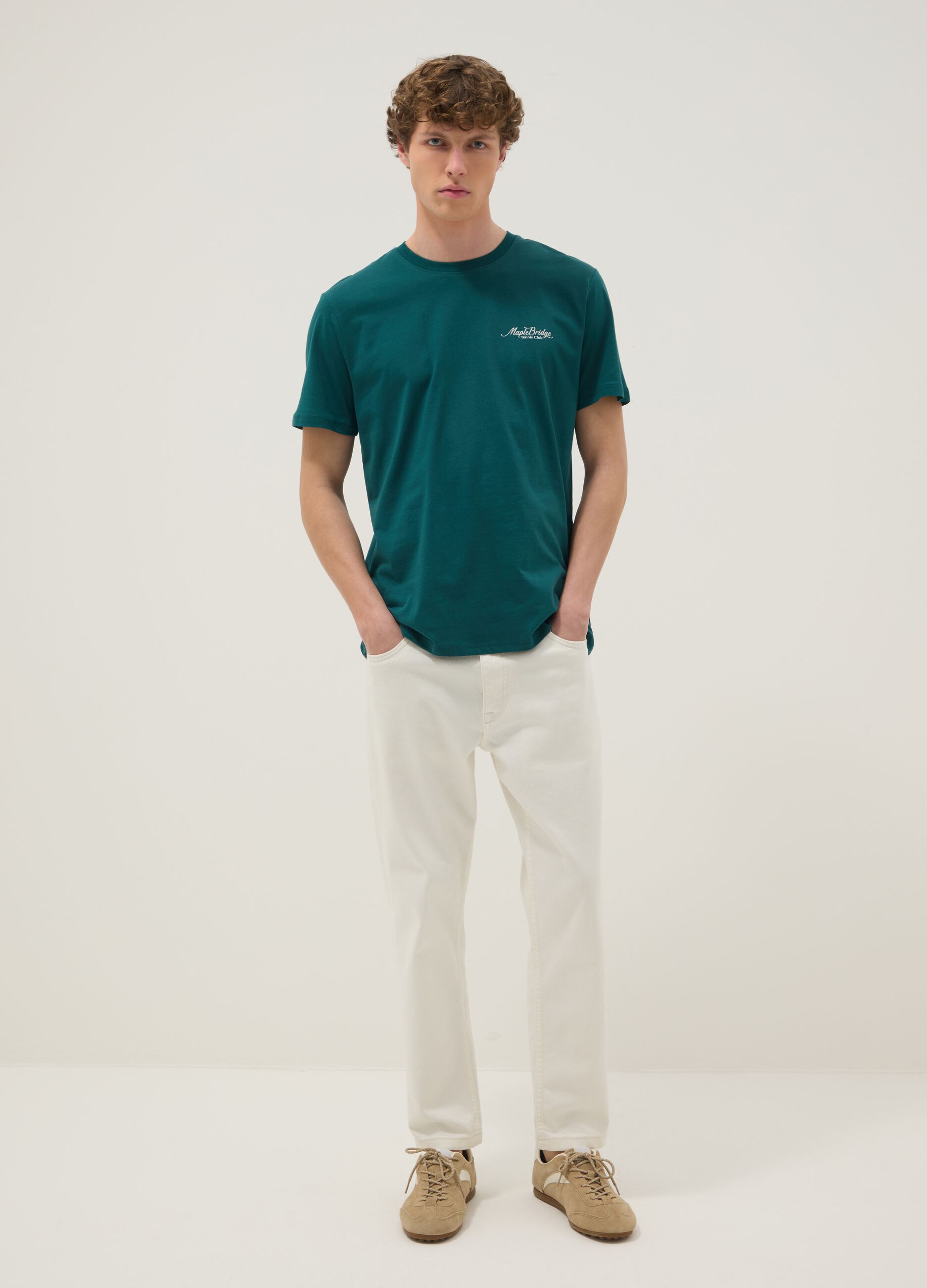 Green pure cotton T-shirt with slogan and back print, regular fit