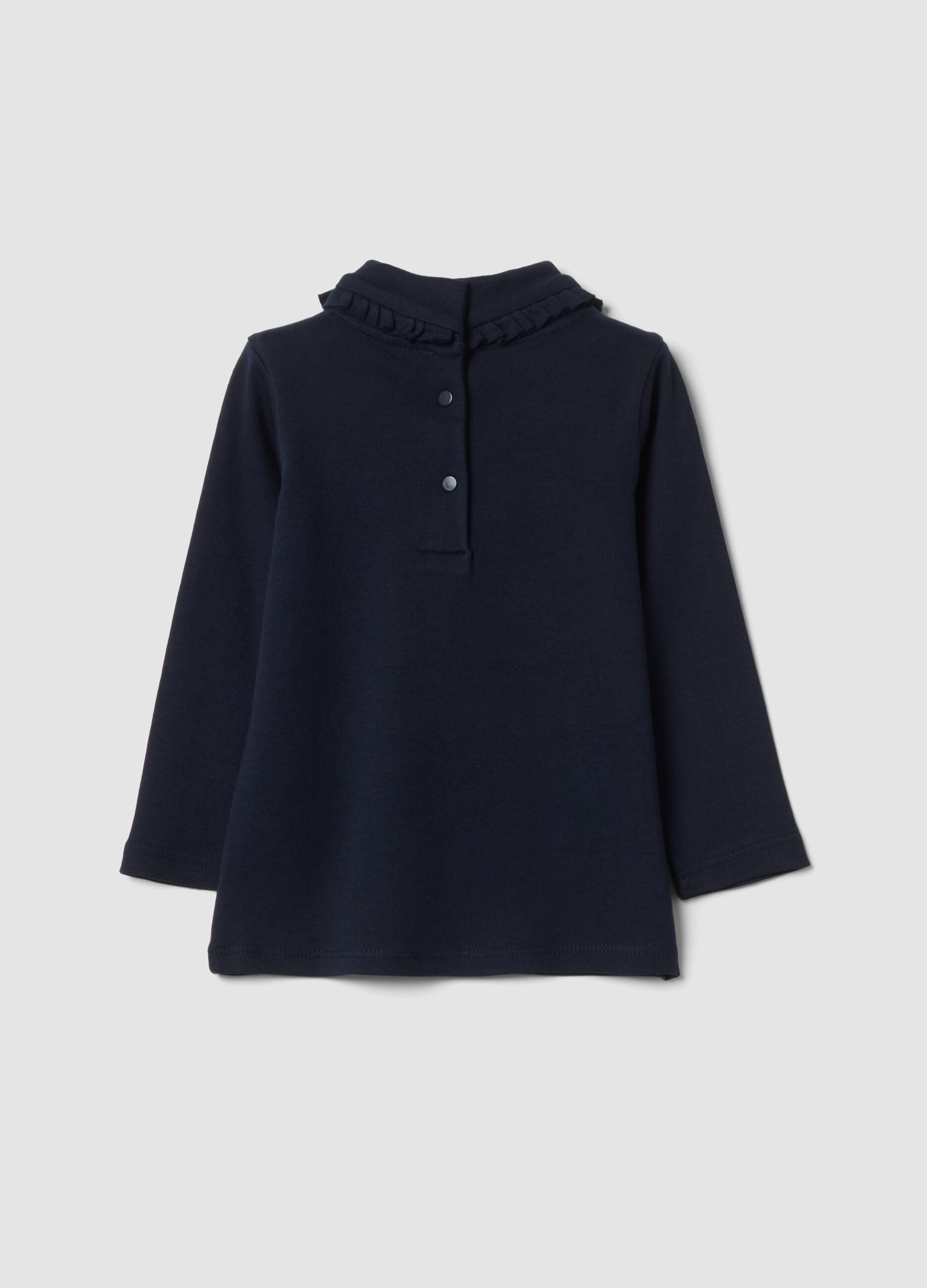 Navy pure cotton T-shirt with ruffled high neck