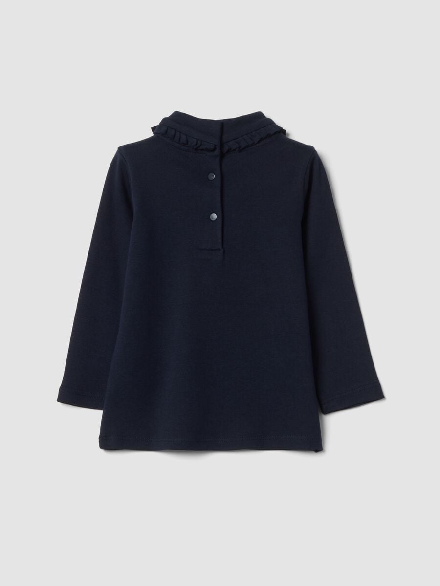 Navy pure cotton T-shirt with ruffled high neck_1