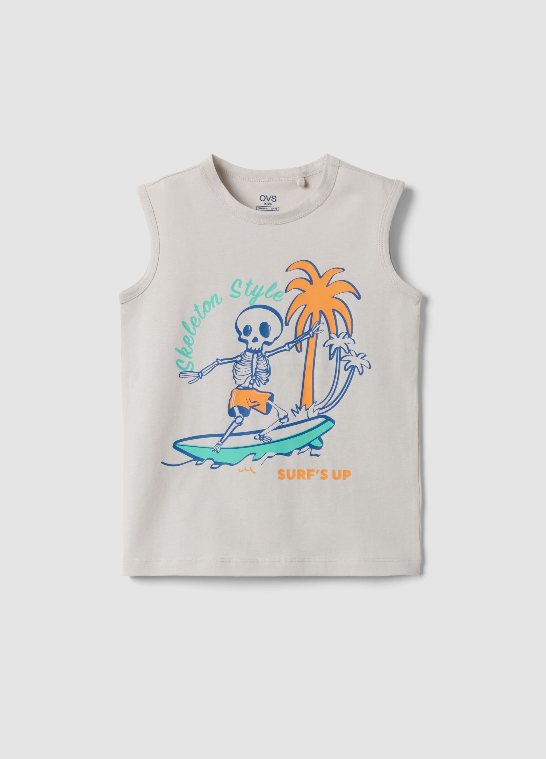 White pure cotton vest top with surf print