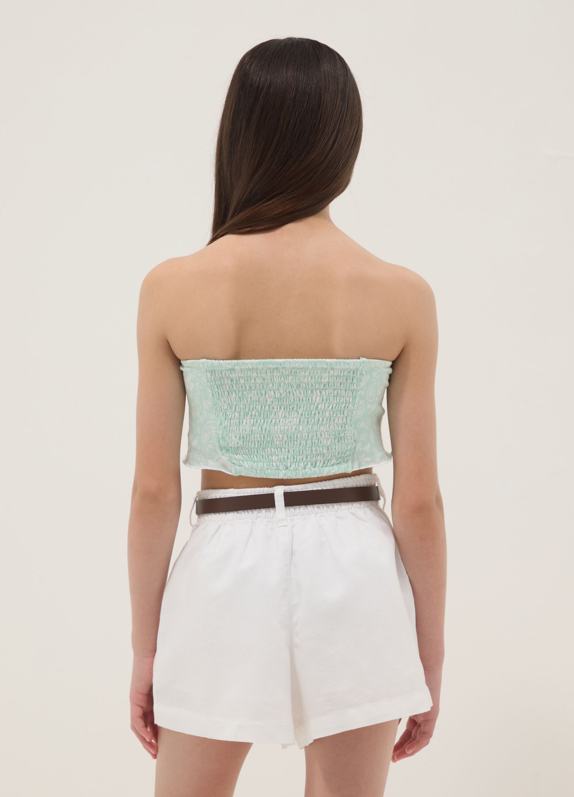 Light blue stretch cotton top with paisley print