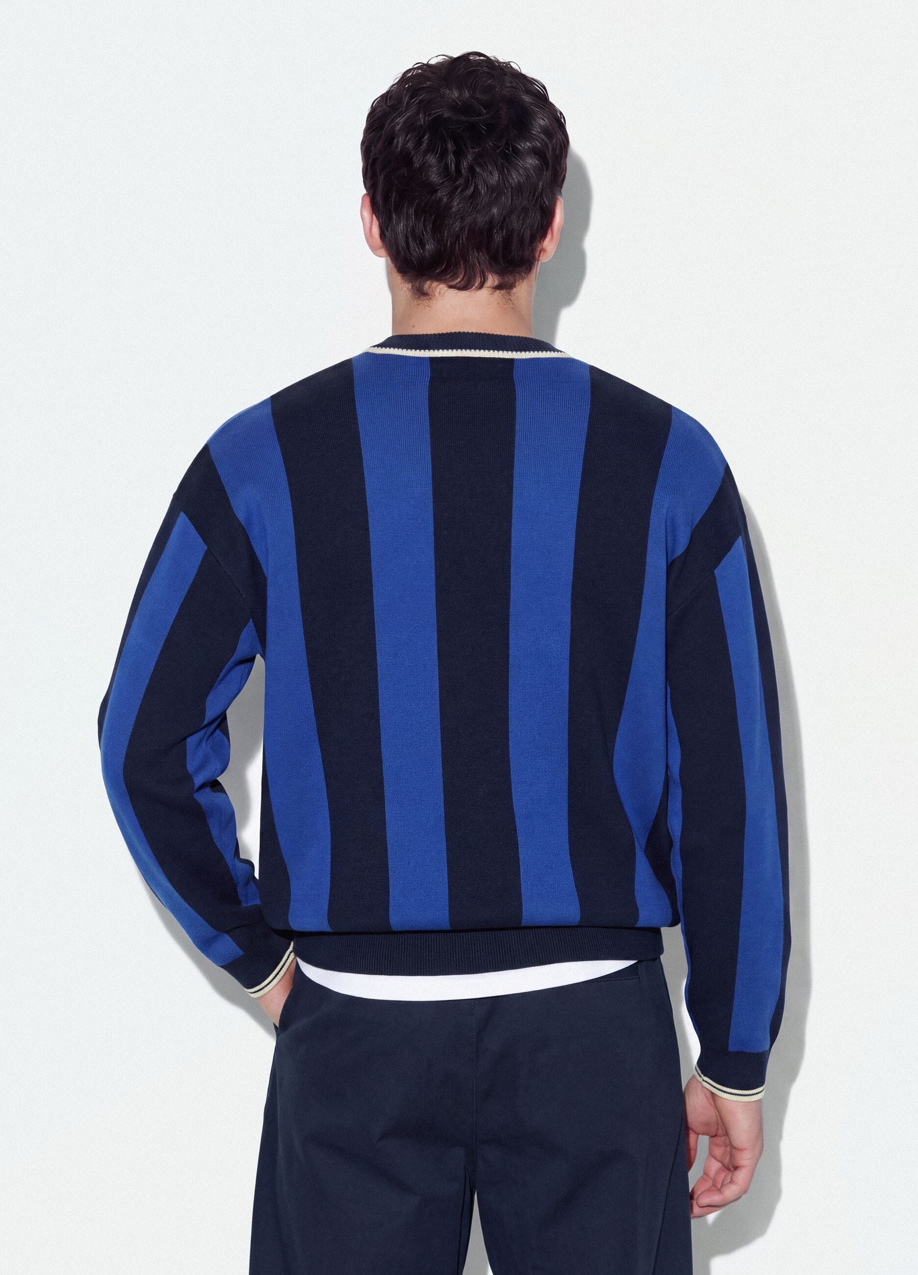 Blue and black pure cotton polo-collar top with oversized fit