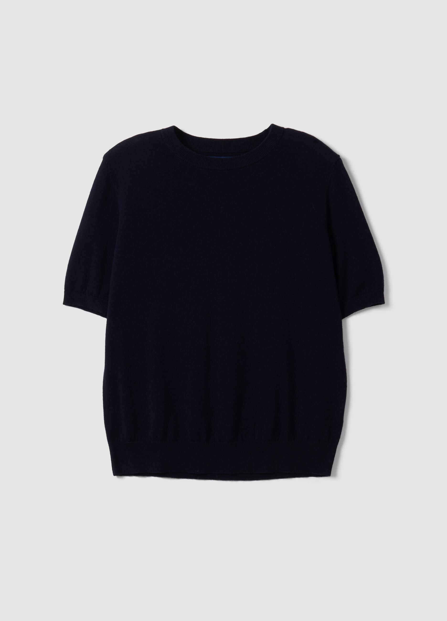 Navy wool-blend crew-neck short-sleeve jumper, regular fit