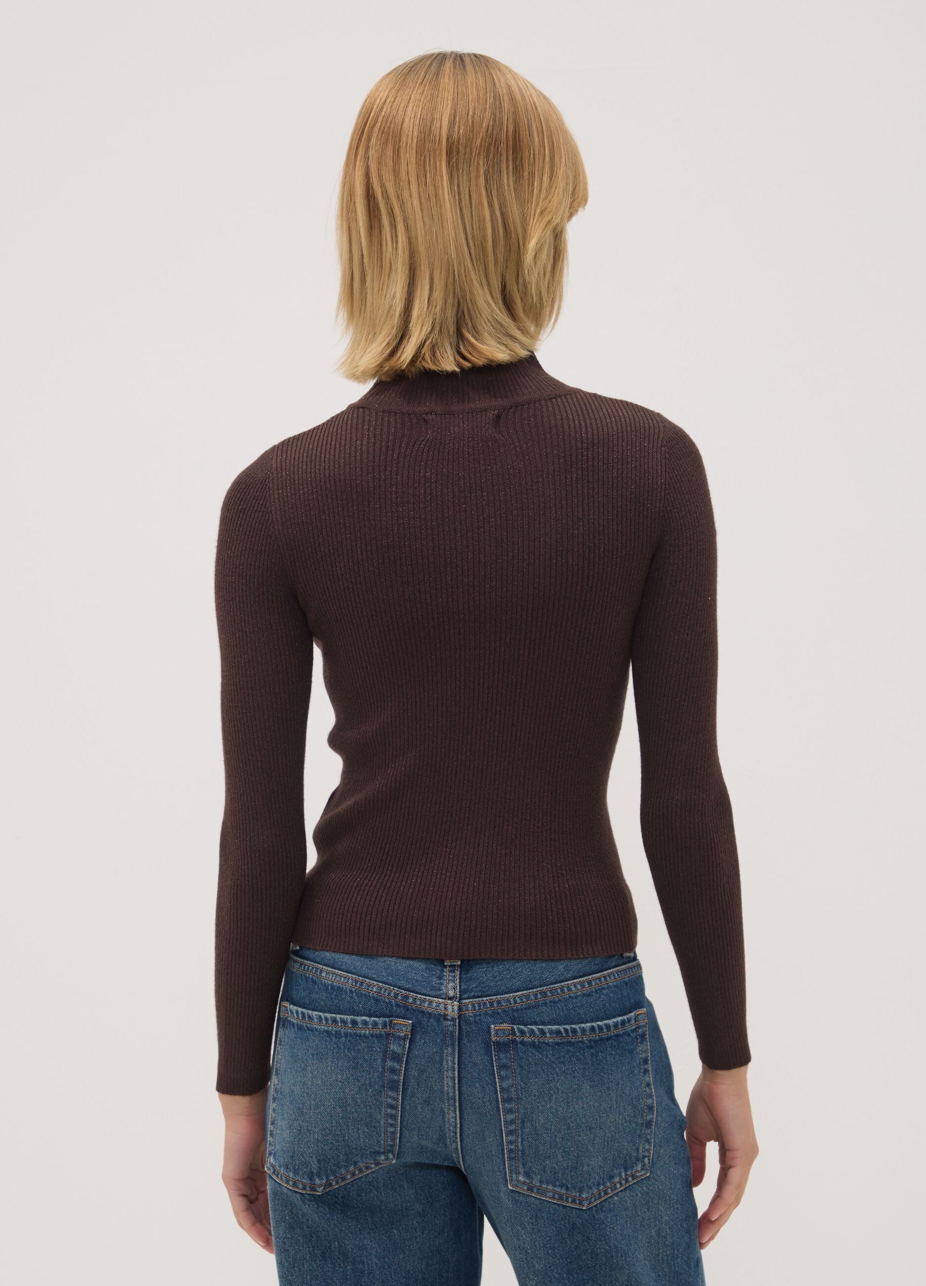 Brown ribbed viscose-blend top with high neck