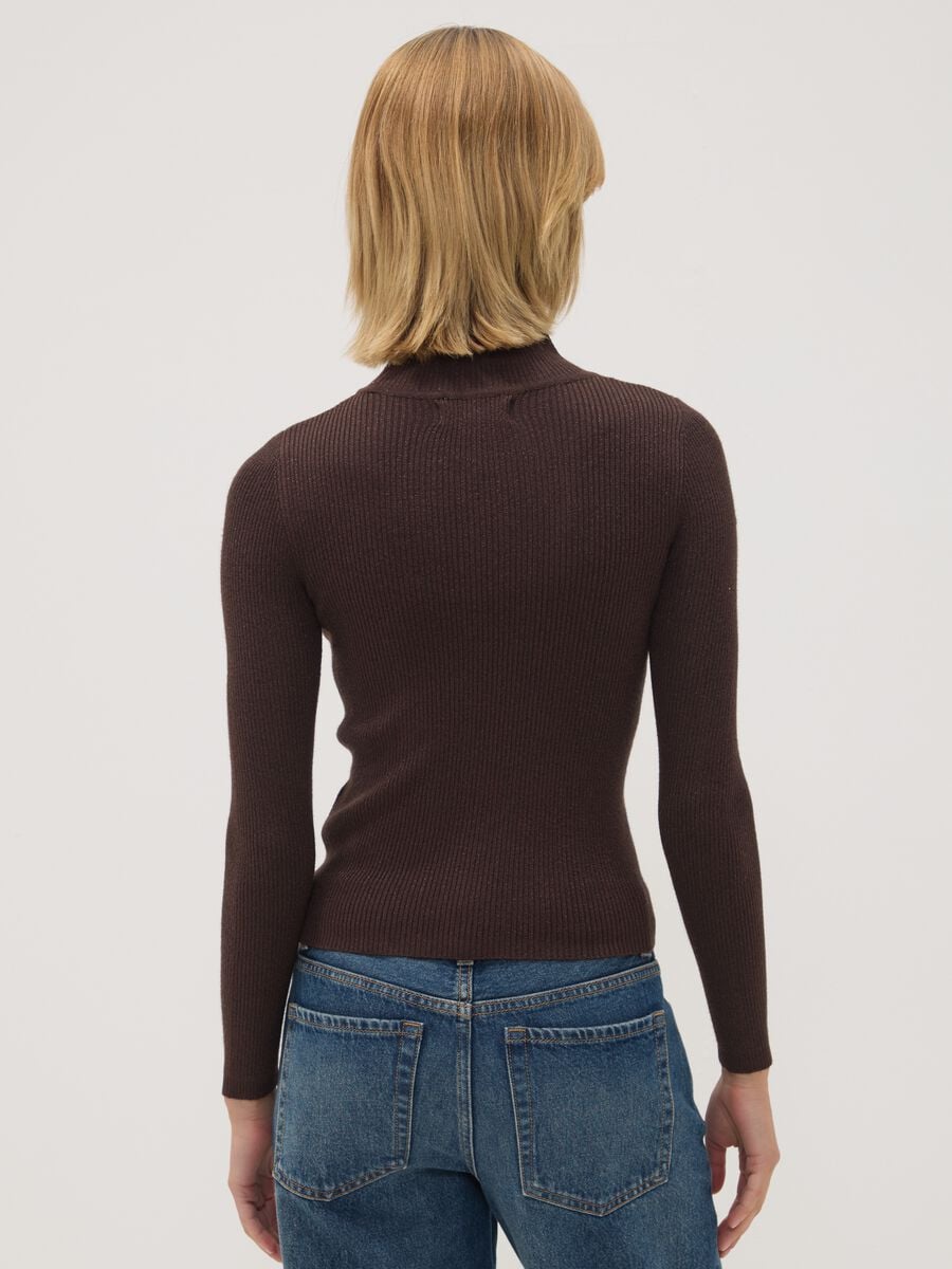 Brown ribbed viscose-blend top with high neck_3