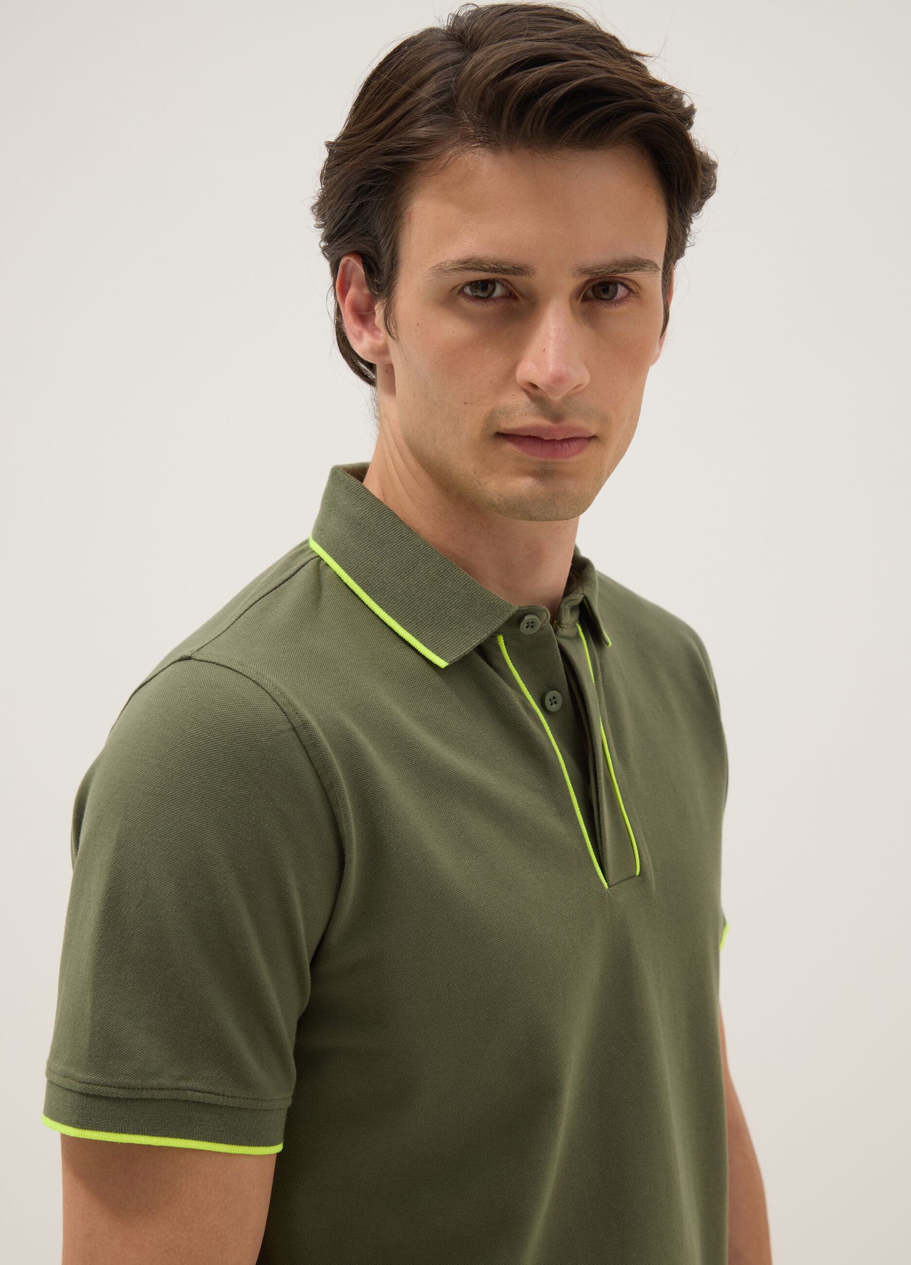 Green stretch cotton polo shirt with classic collar
