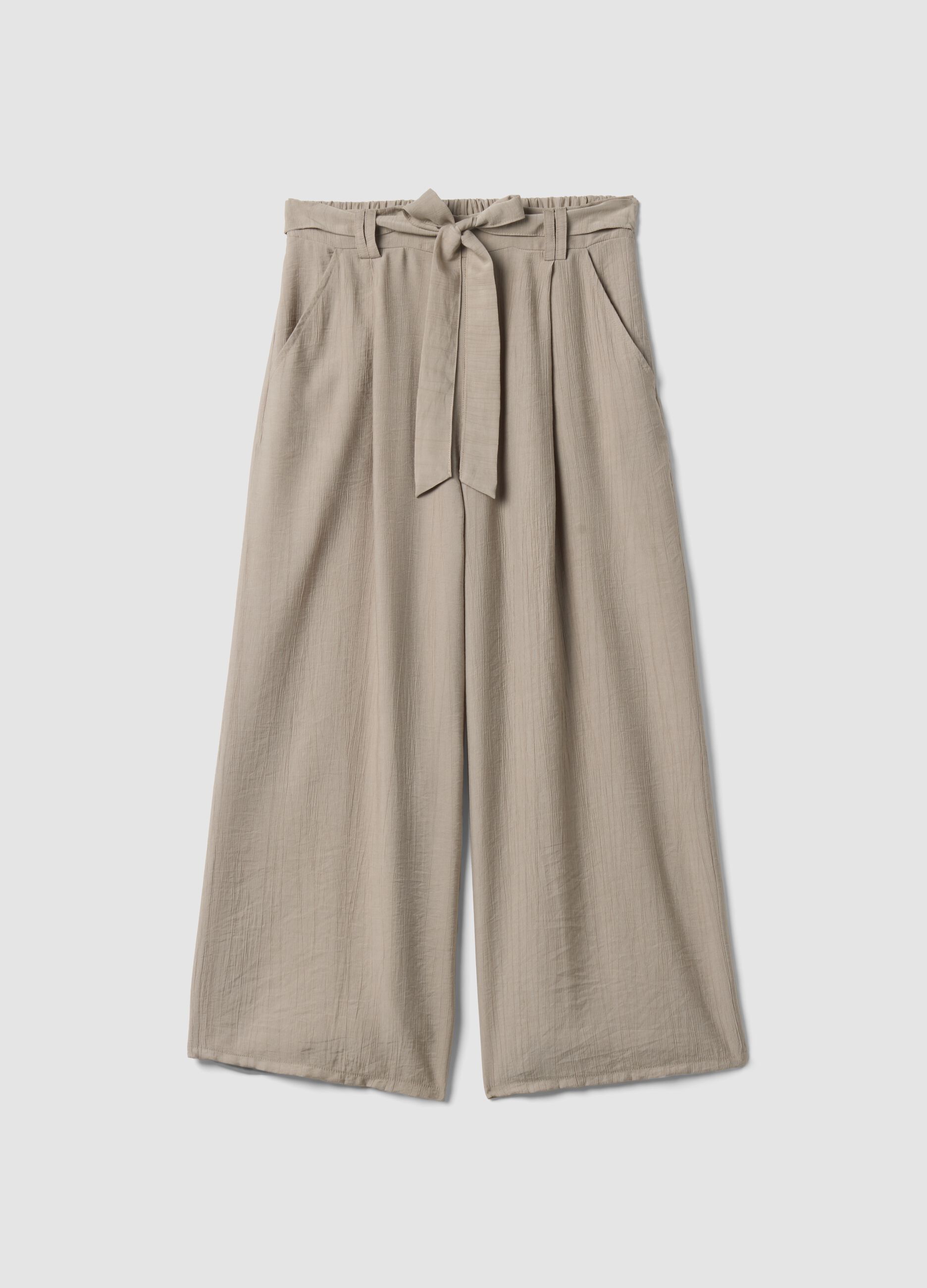 Beige viscose-blend trousers with belt