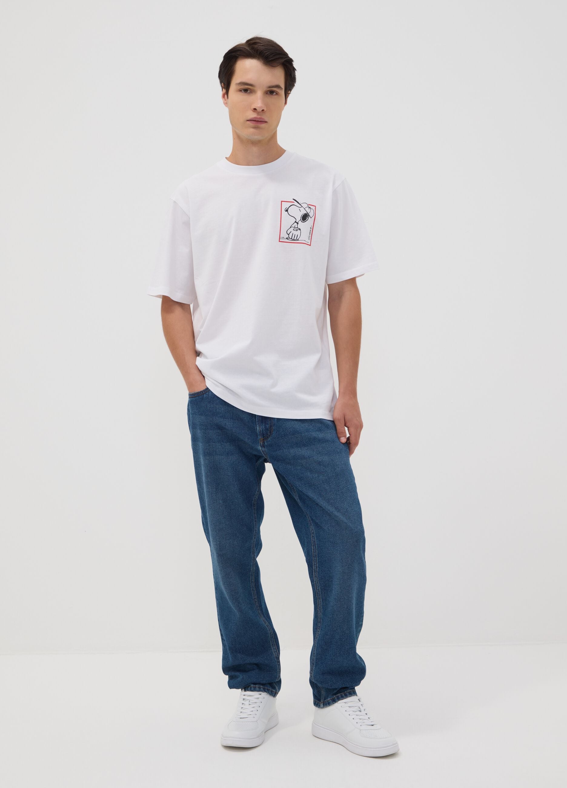 White pure cotton Peanuts print T-shirt, relaxed fit