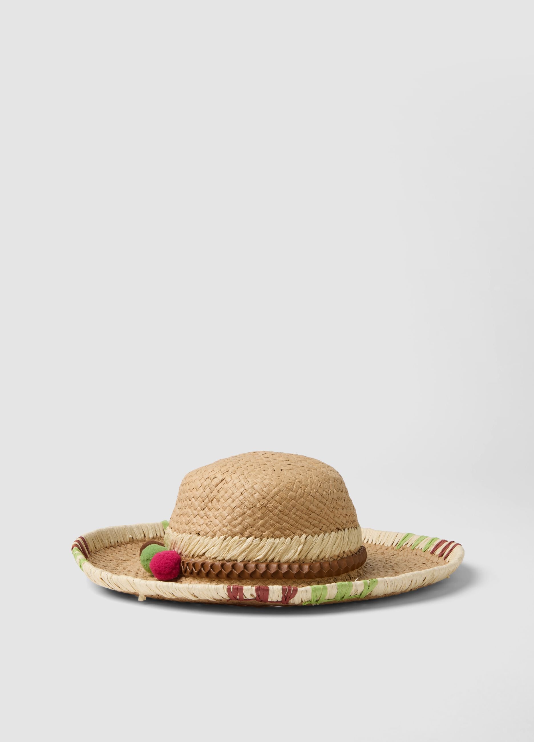 Beiger Hut aus Papierstoff mit bunten Pompons