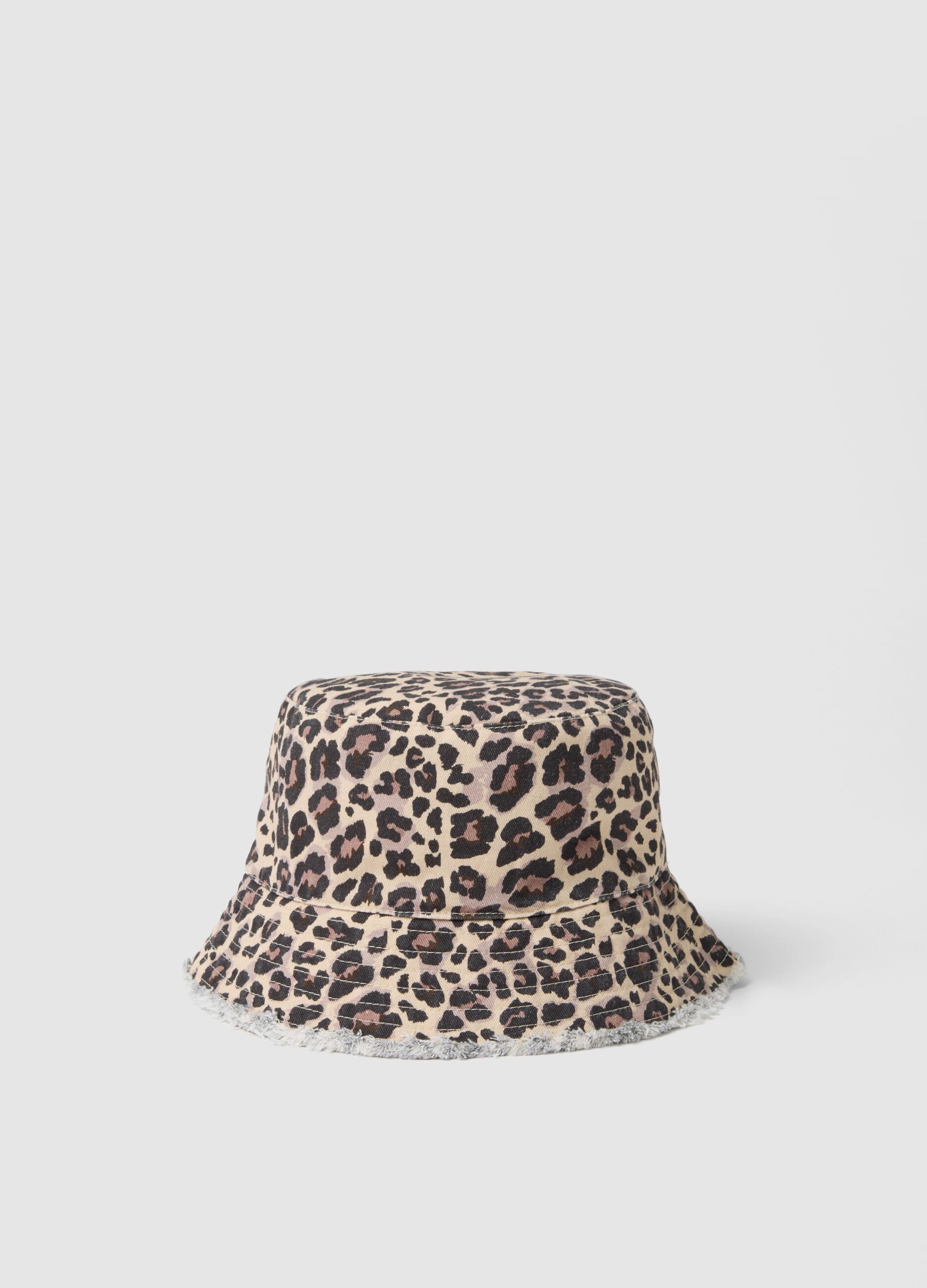 Cappello a secchiello in puro cotone multicolor leopardato da bambina