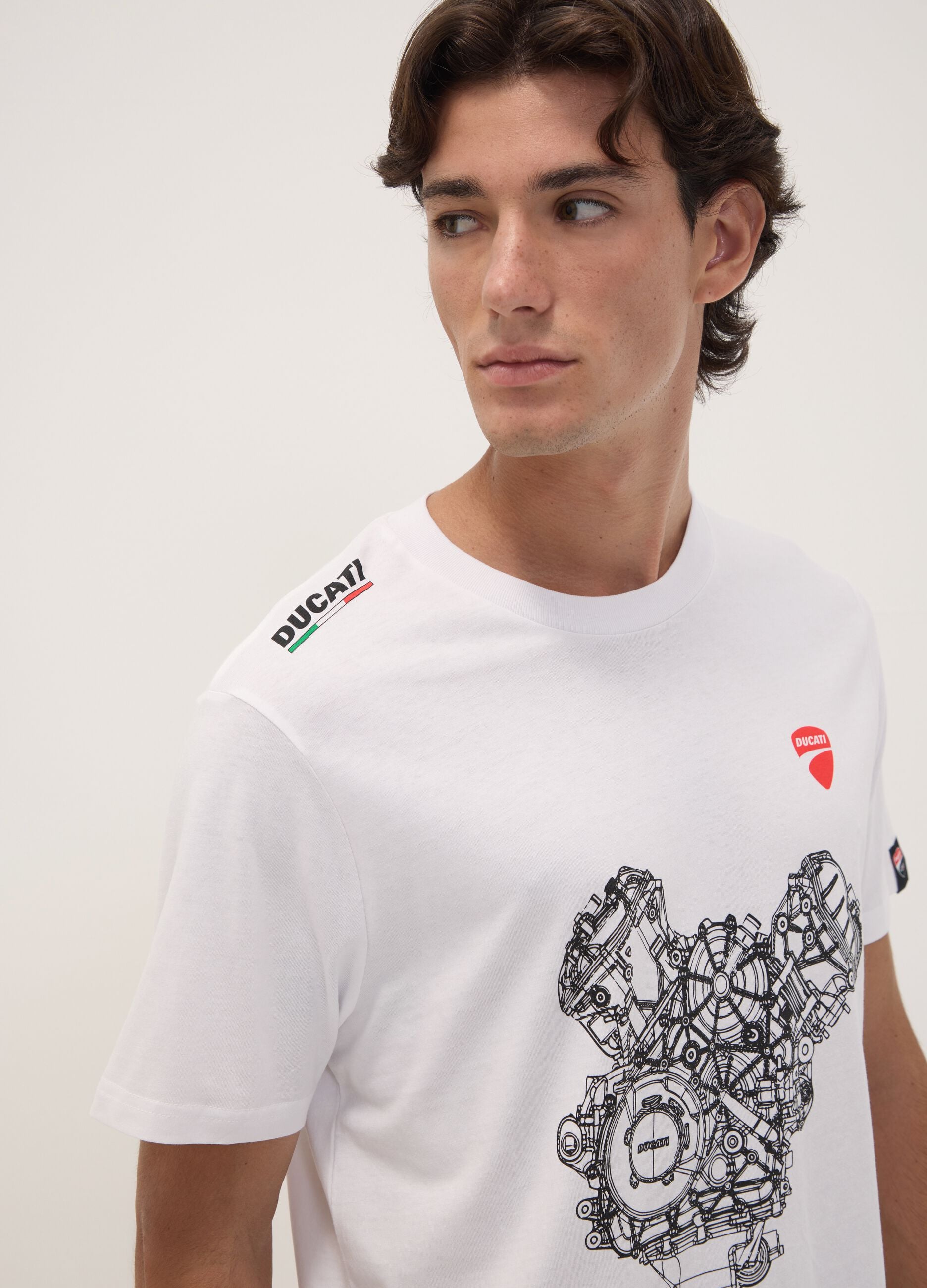White pure cotton crew-neck T-shirt with Ducati print, regular fit