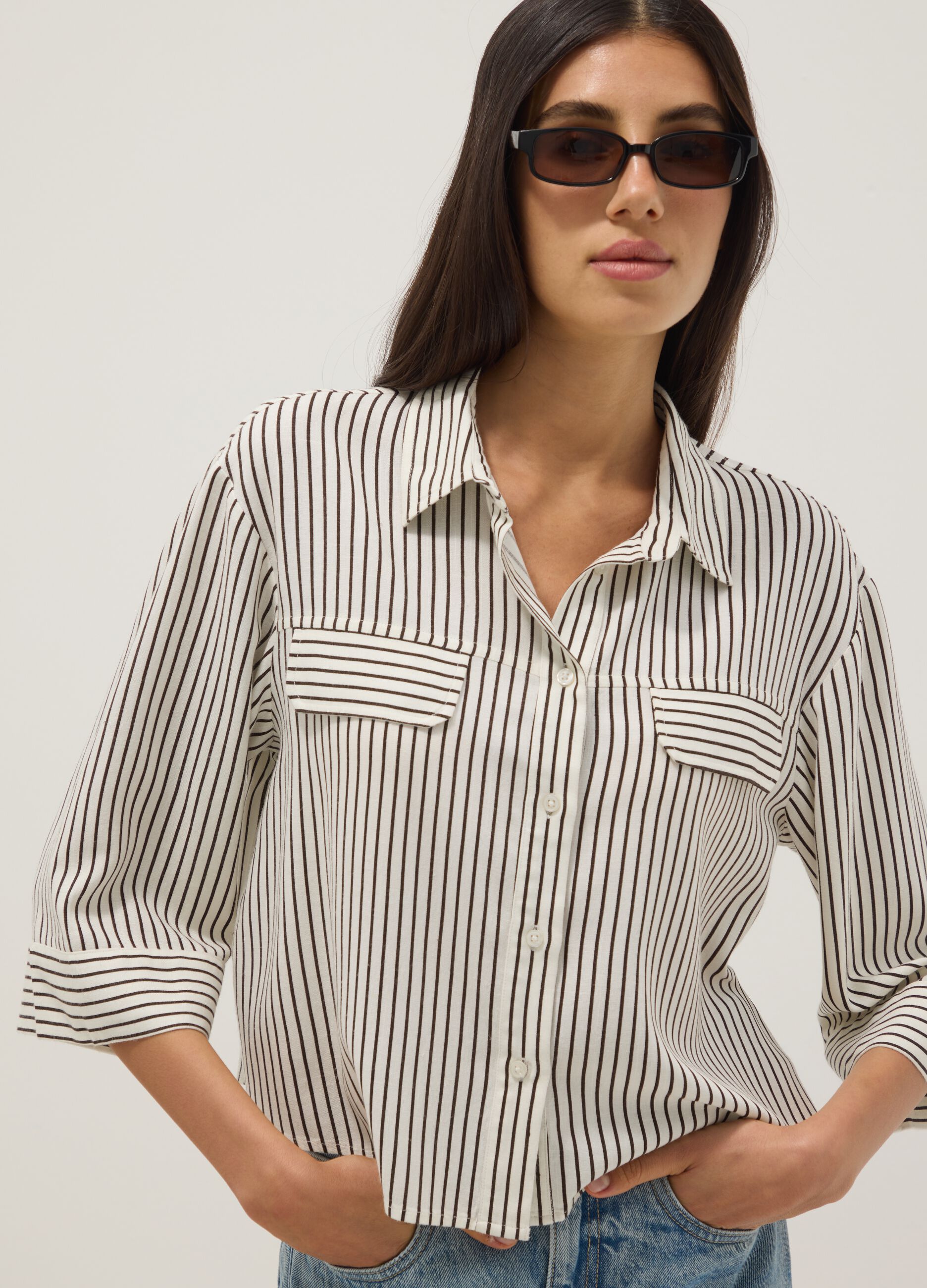 Regular-fit white and brown striped viscose-linen blend shirt