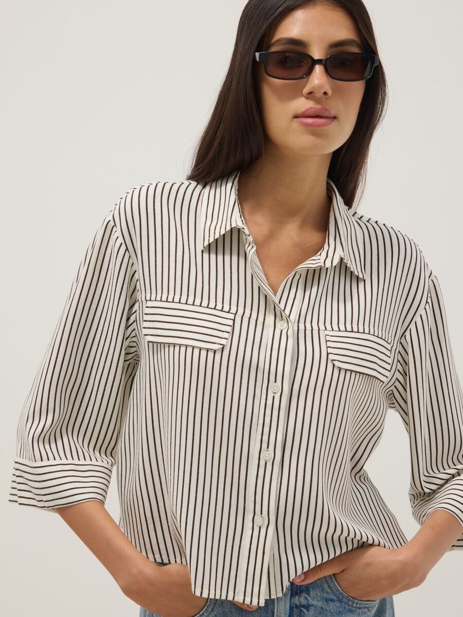 Regular-fit white and brown striped viscose-linen blend shirt_2