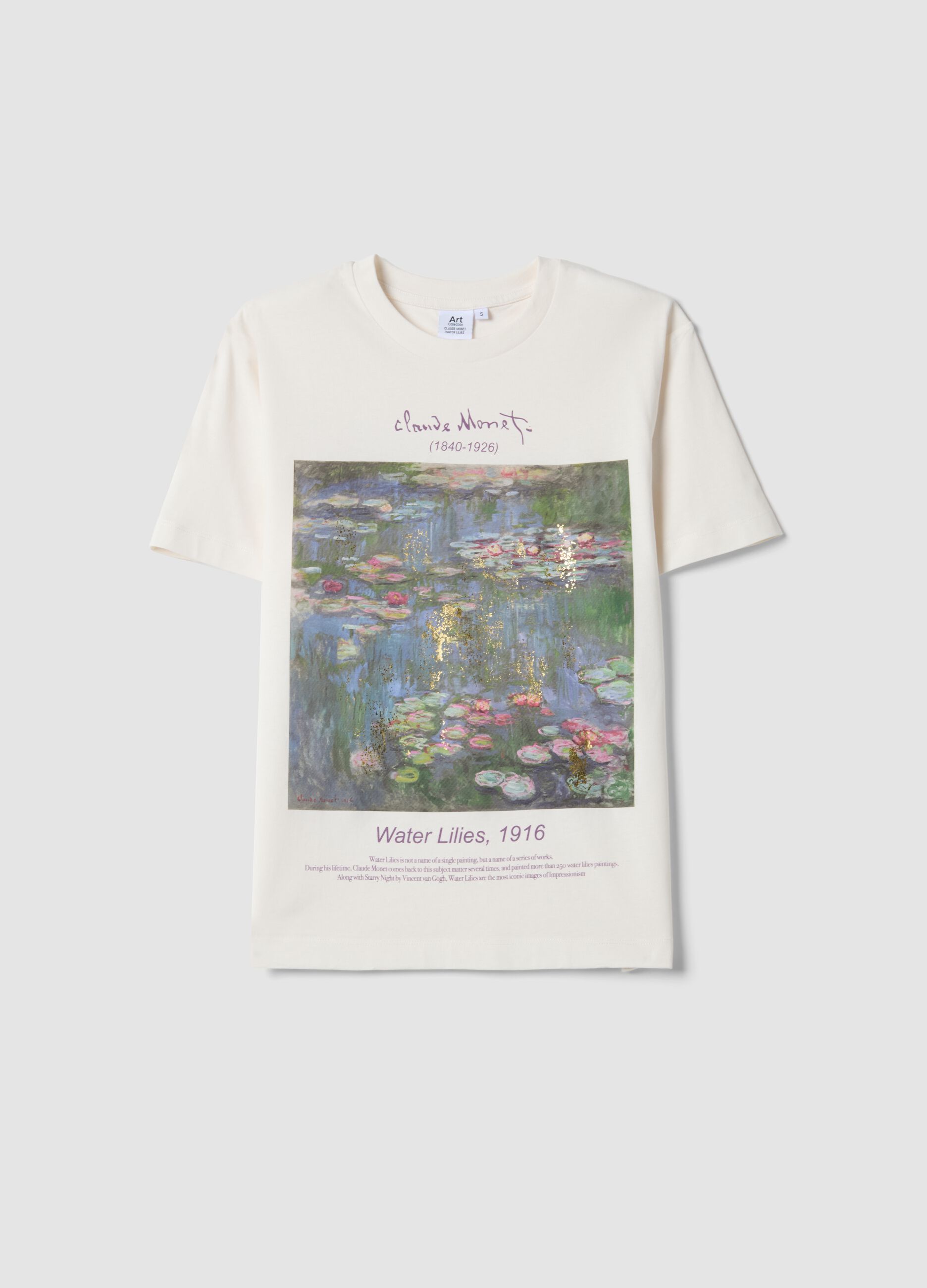 White pure cotton regular fit T-shirt with Monet print