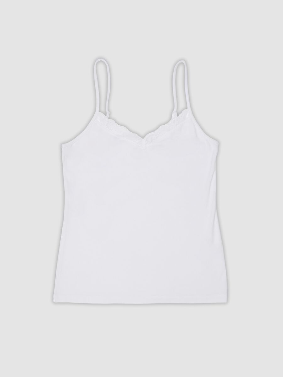 White stretch viscose camisole with deep V-neck lace trim_0