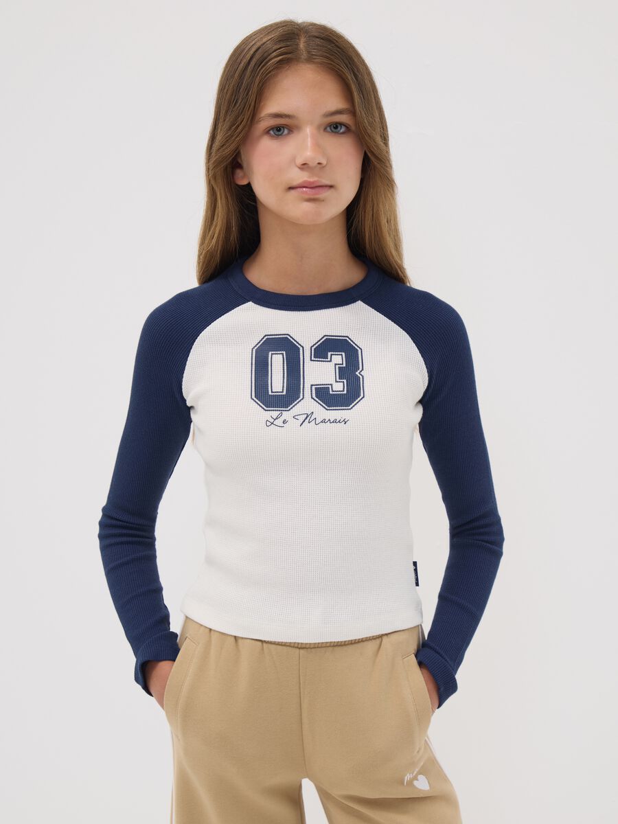 Blue stretch cotton T-shirt with contrast sleeves for girls_1