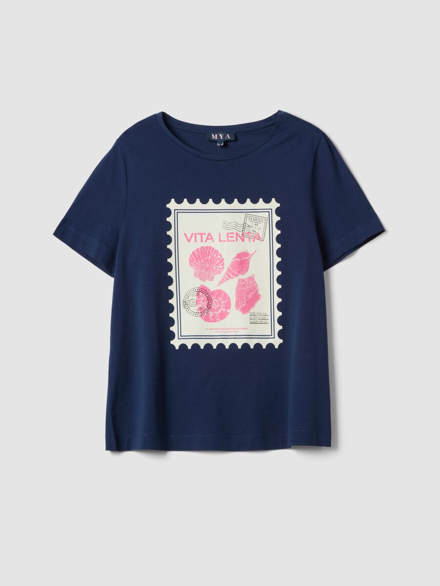 T-shirt blu in puro cotone con stampa regular fit_0