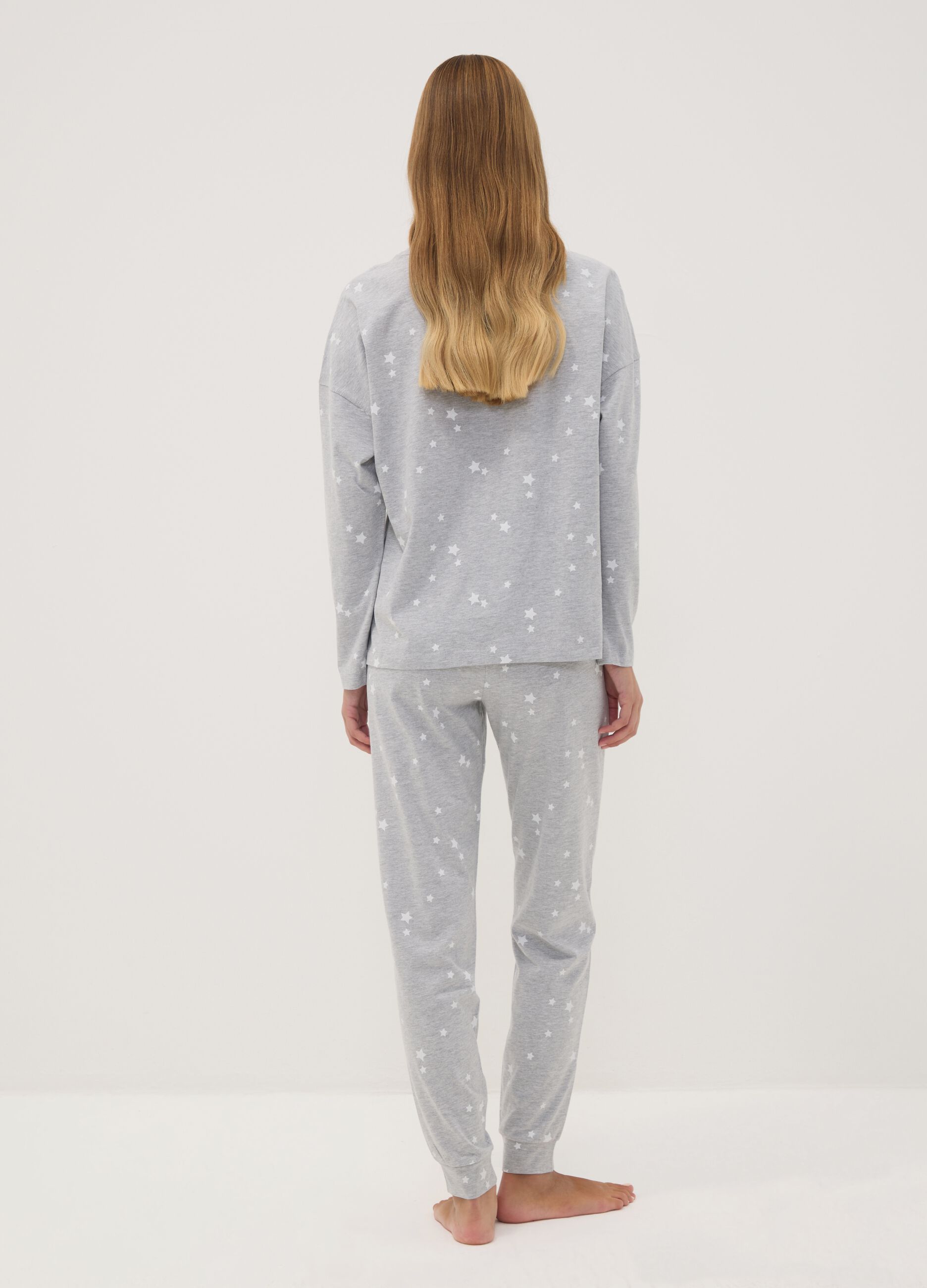 Grey crew-neck pyjamas in organic cotton and viscose blend
