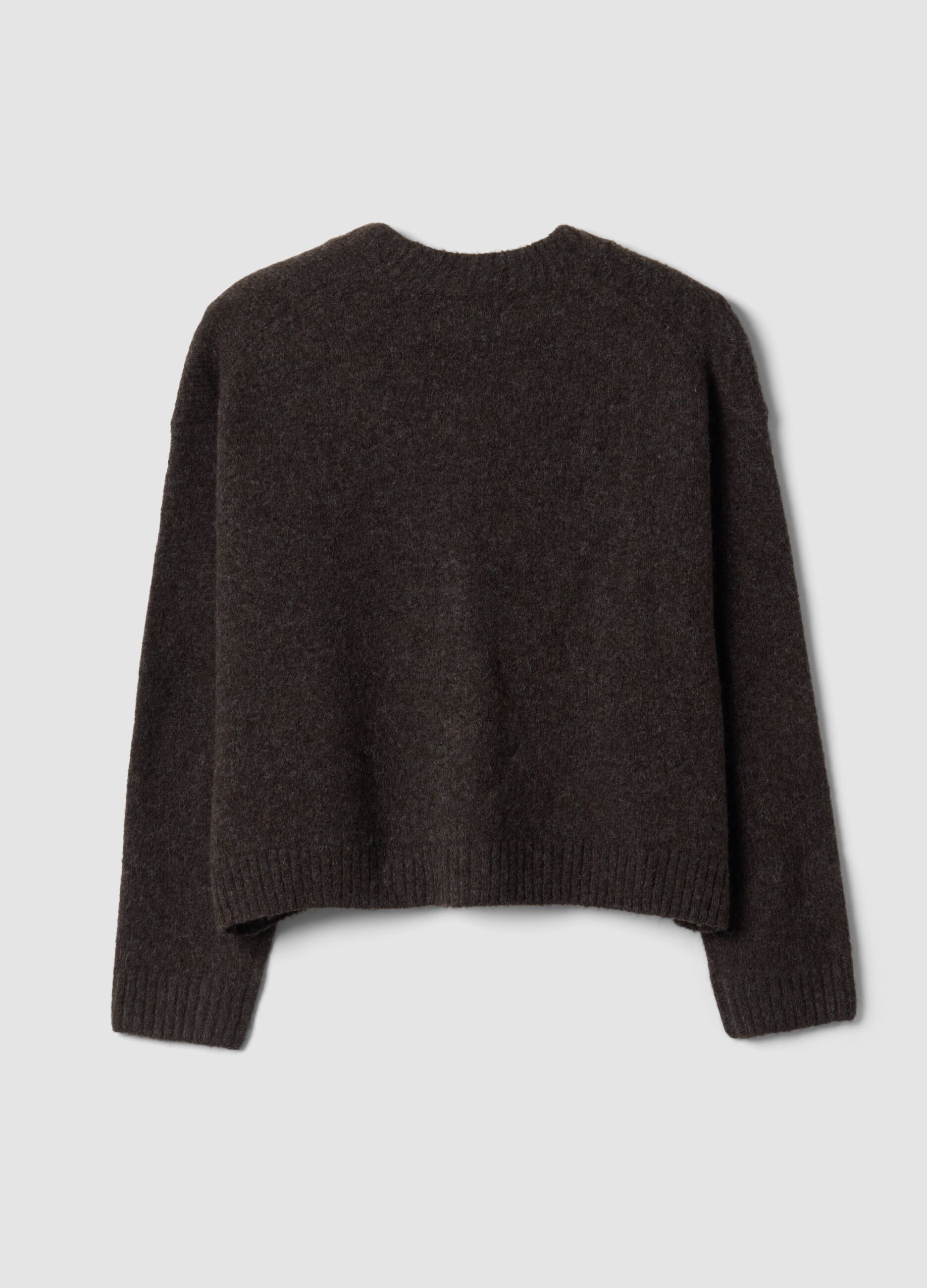 Brown stretch-wool cardigan with deep V-neck, oversized fit