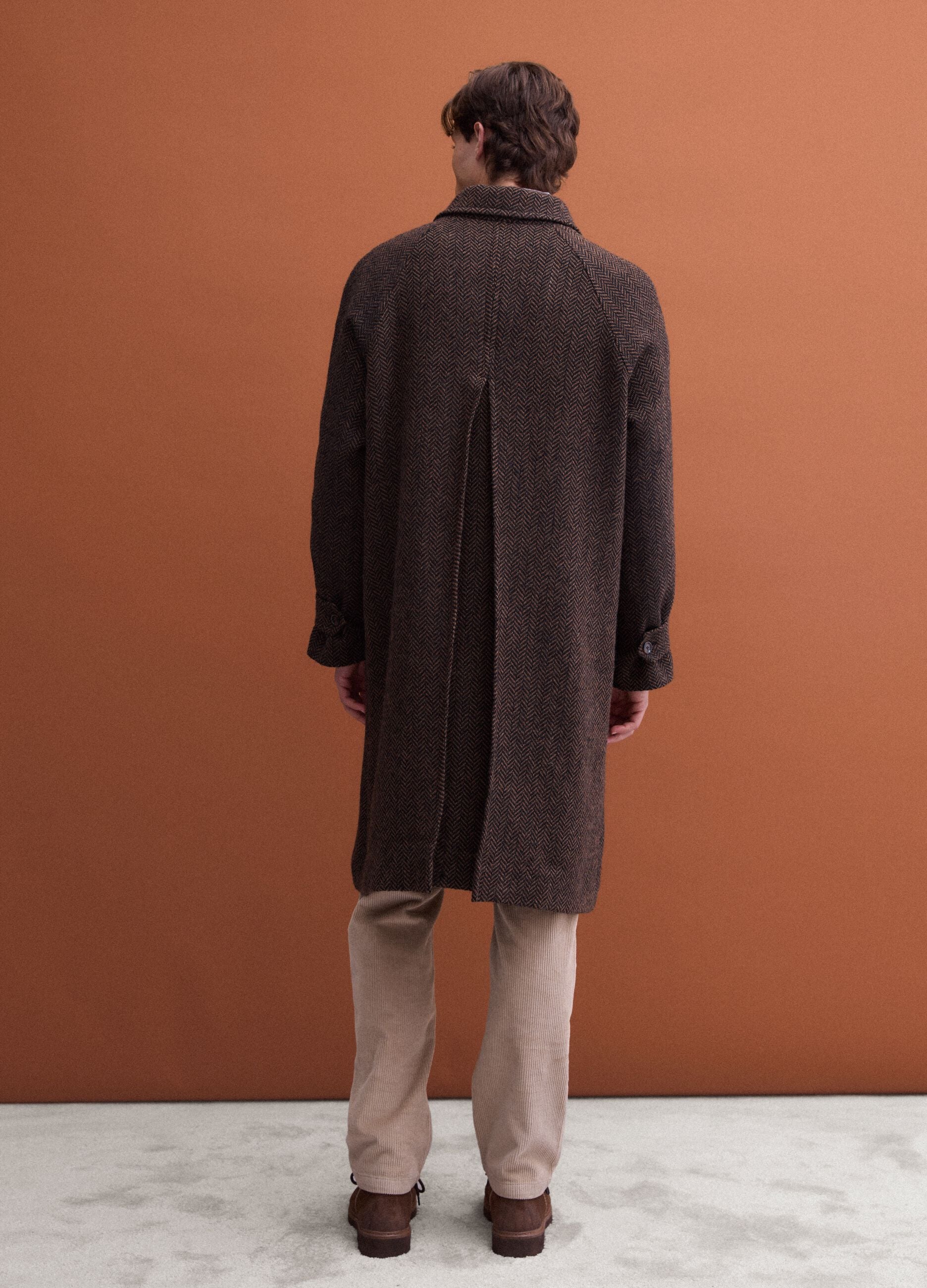 Brown and black wool-blend herringbone overfit coat