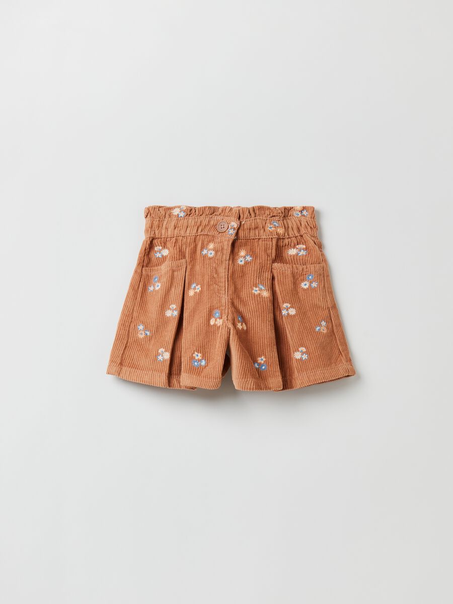 Corduroy shorts with flower embroidery_0