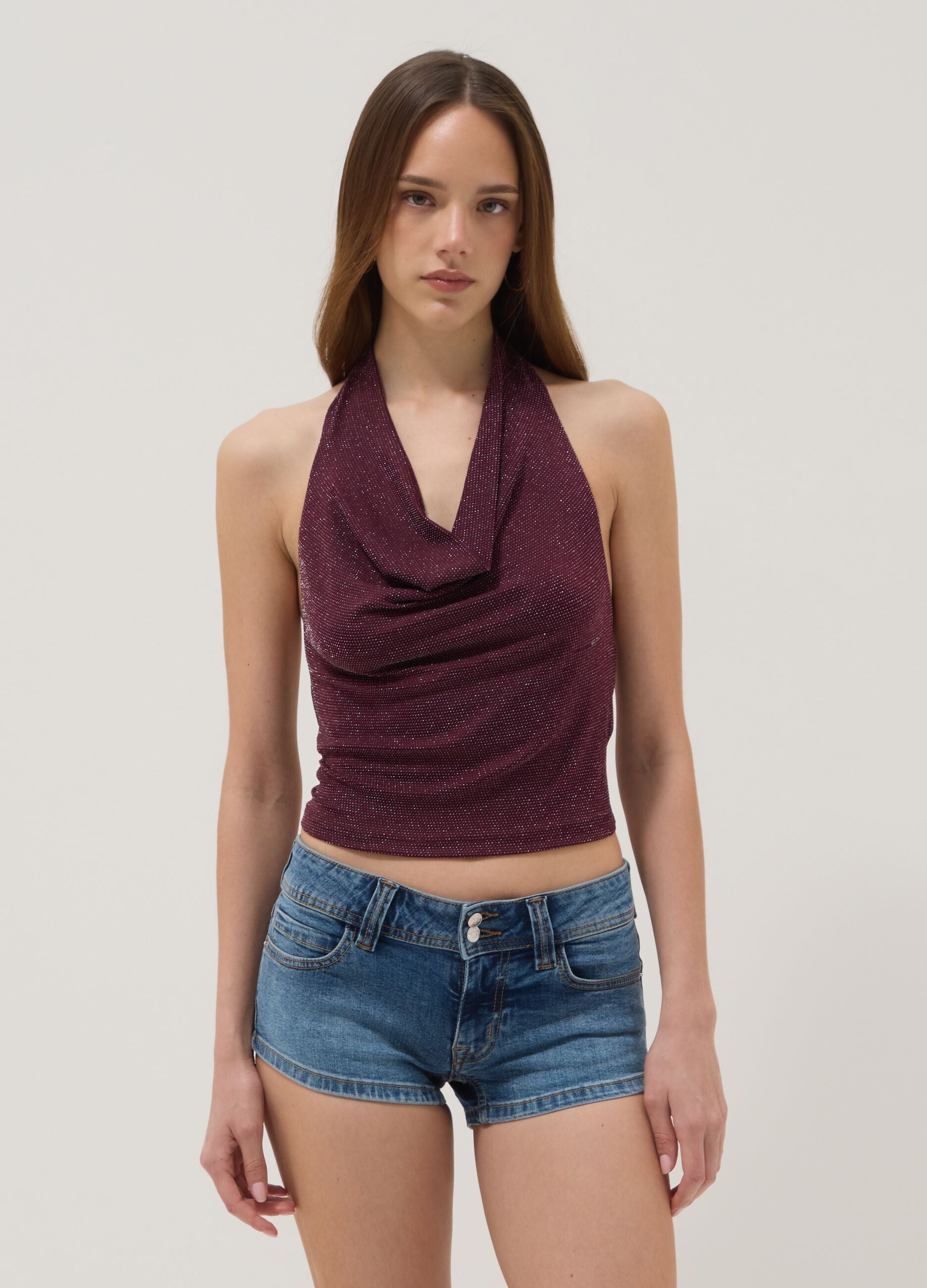 Top halter viola in tessuto elasticizzato regular fit