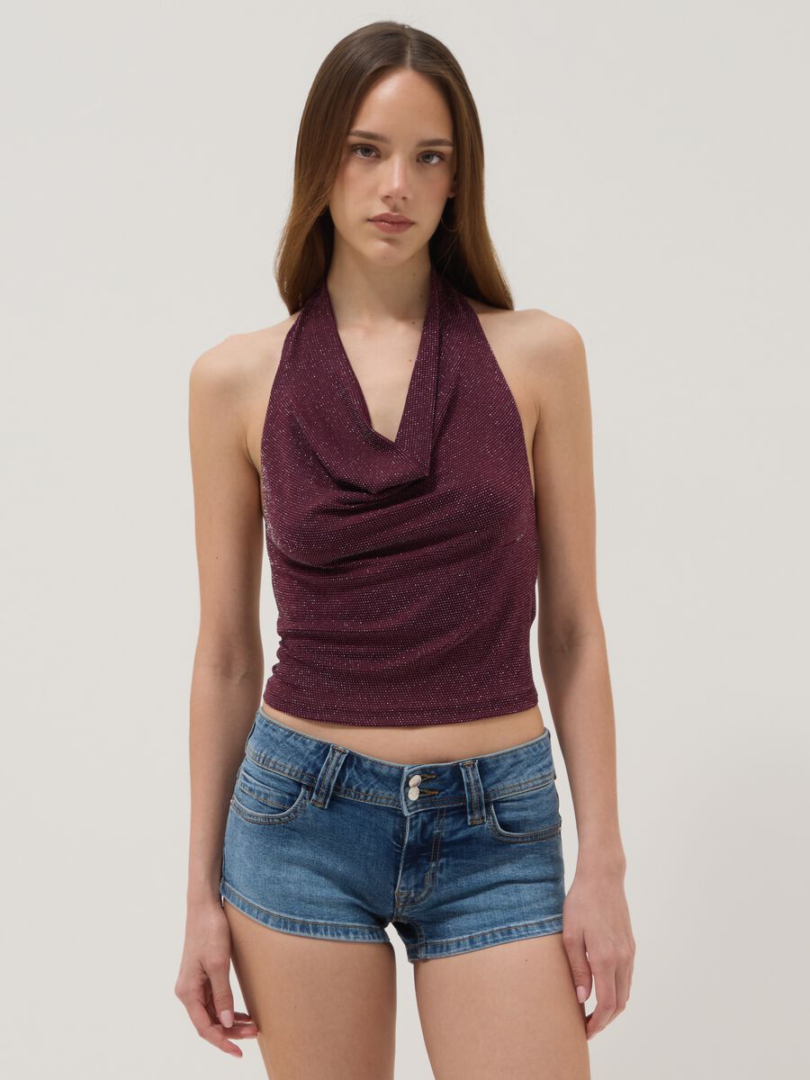 Camiseta de tirantes violeta en tejido el&aacute;stico con escote suave drapeado_1