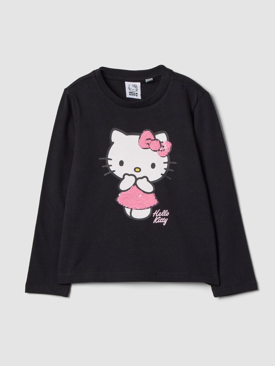 T-shirt nera in cotone elasticizzato con stampa Hello Kitty per bambina_0