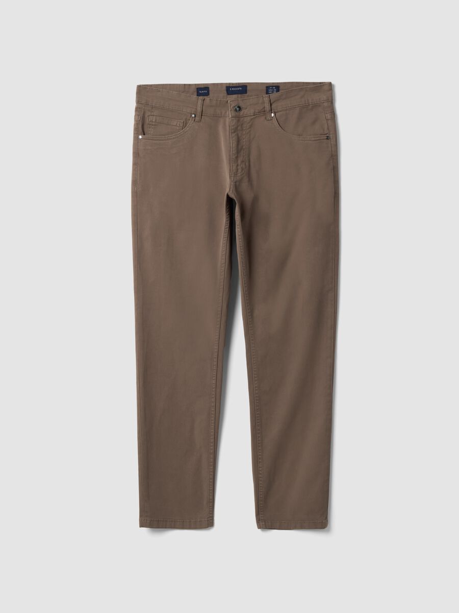 Brown slim-fit stretch cotton twill trousers_0