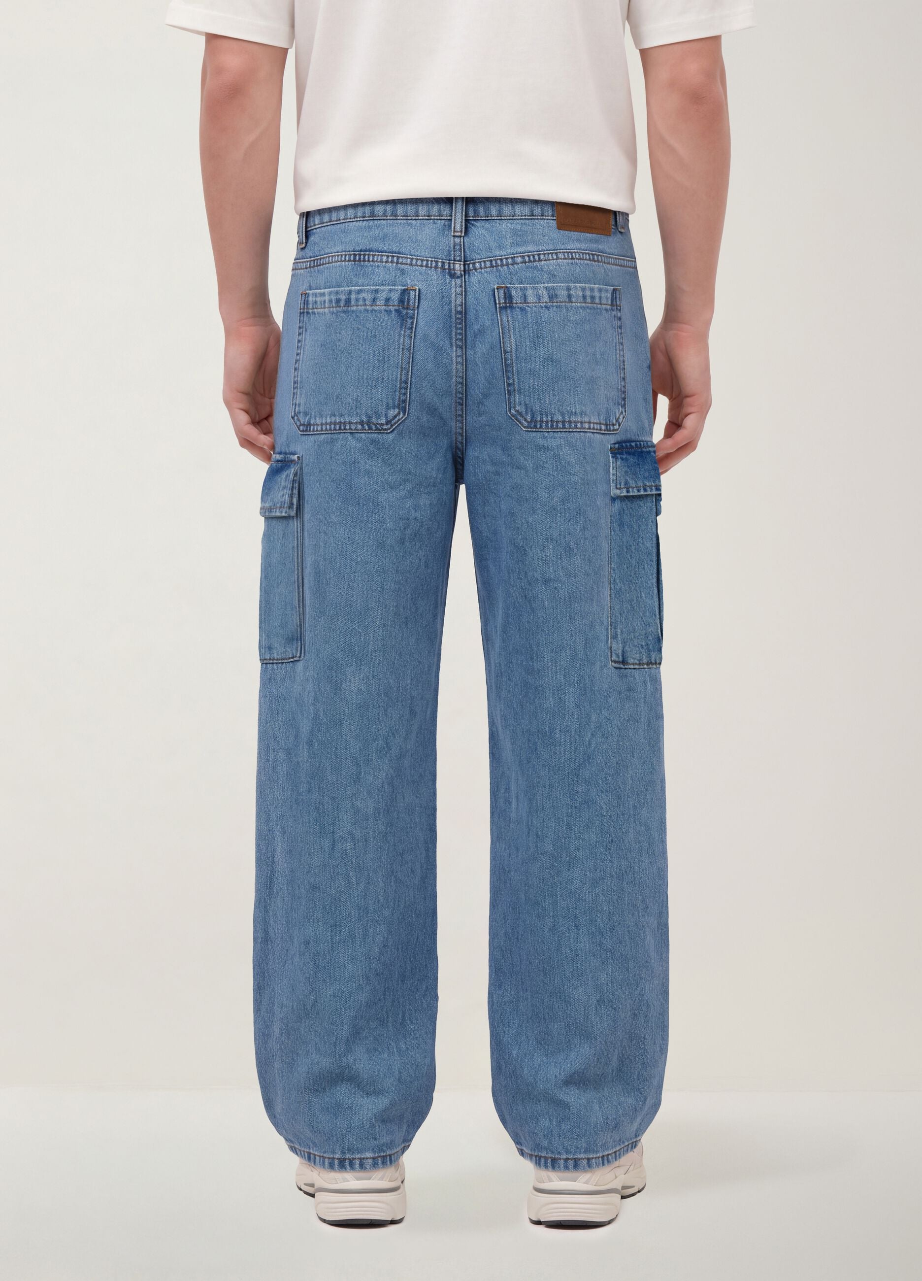 Blue pure cotton wide-leg cargo jeans