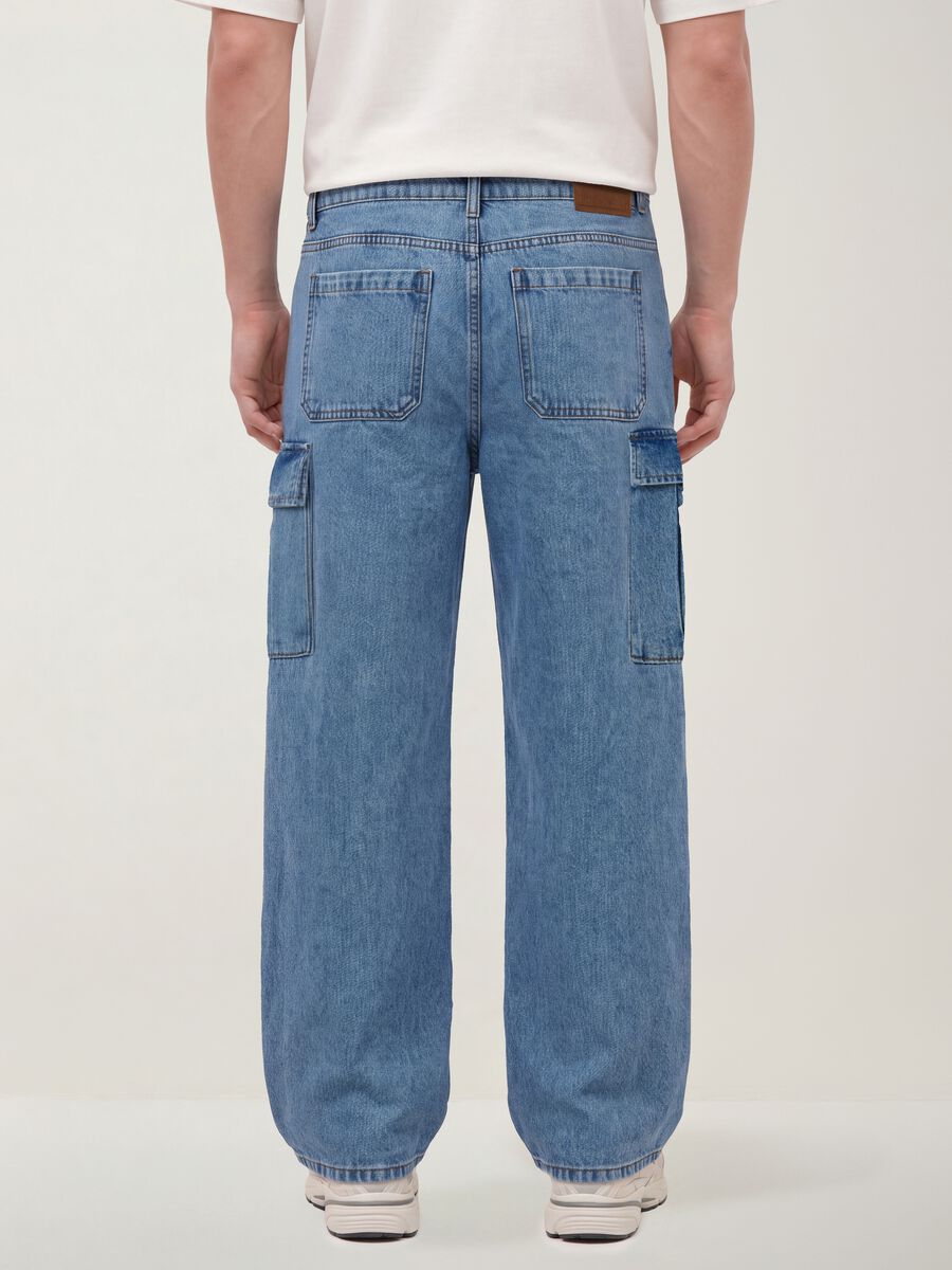 Blue pure cotton wide-leg cargo jeans_2