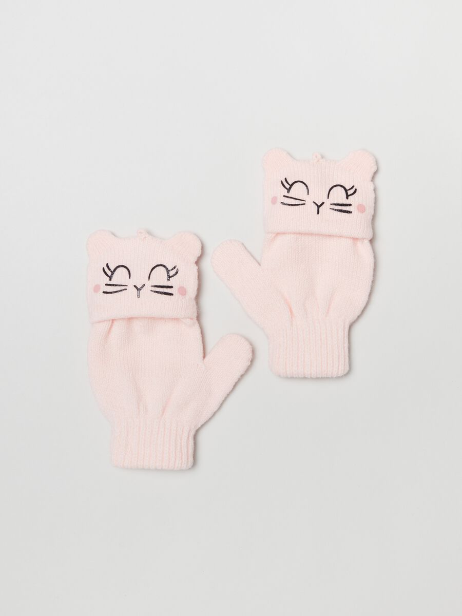 Half-finger gloves with kitten print_1