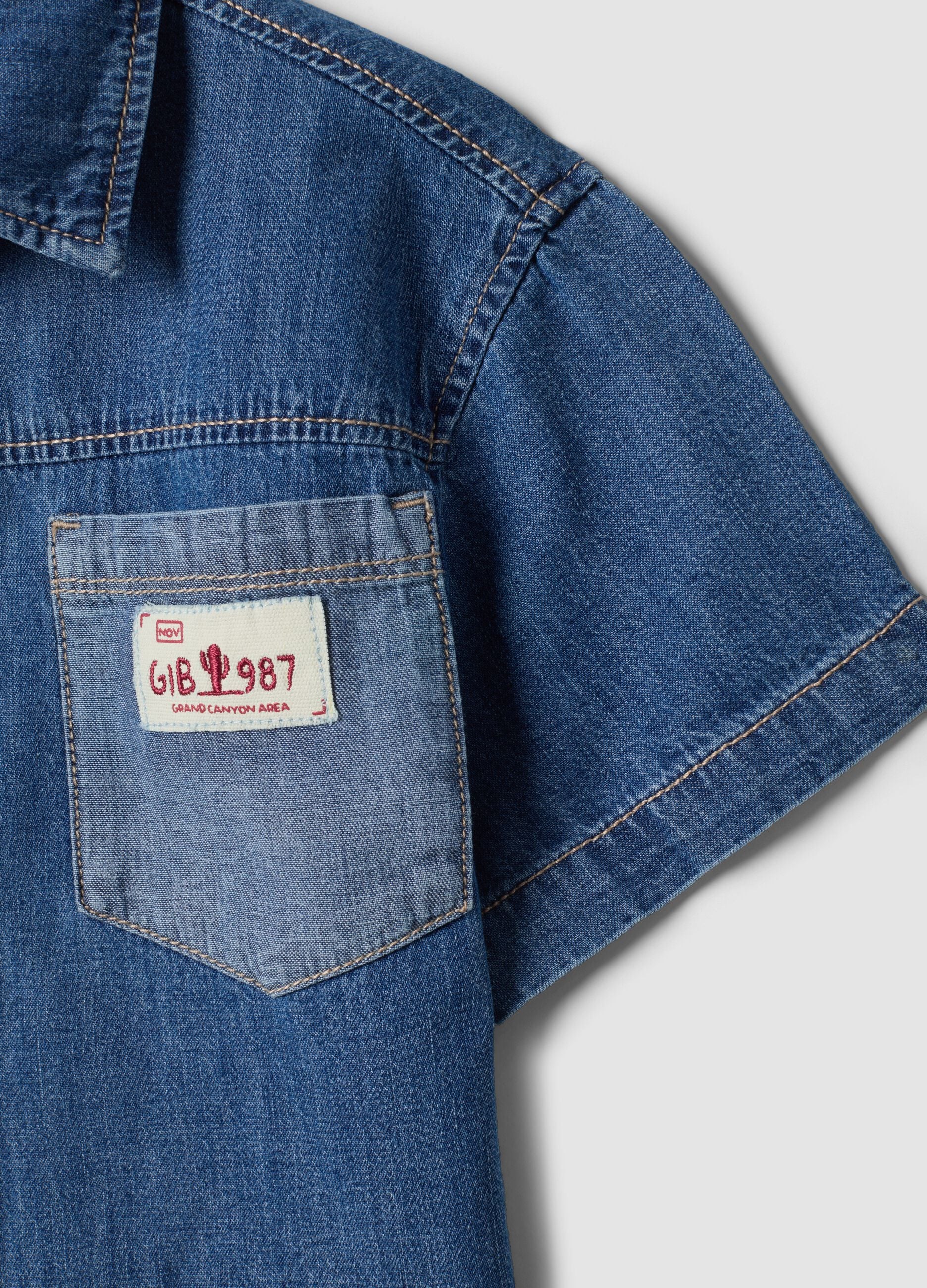 Blue denim short-sleeve pure cotton shirt