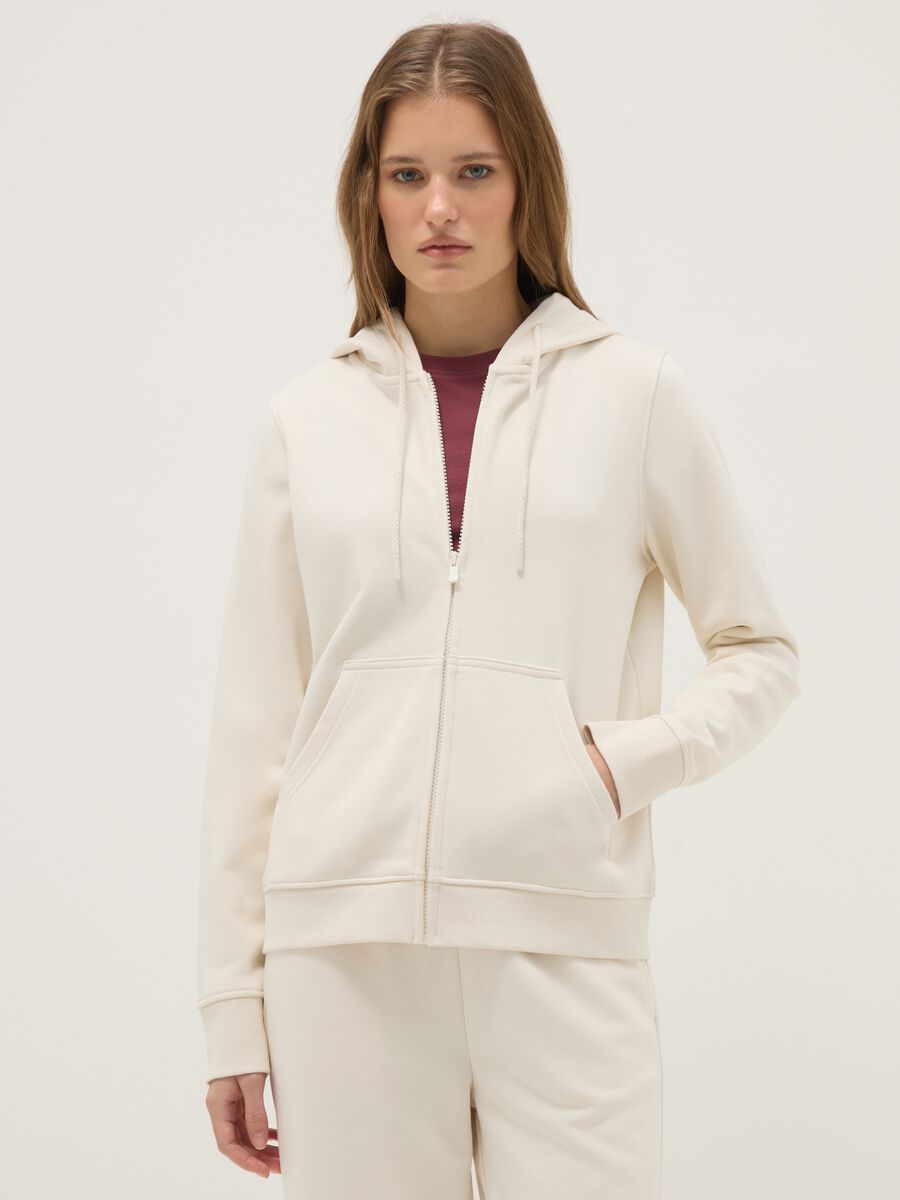Beige cotton-blend regular fit hoodie with zip_0