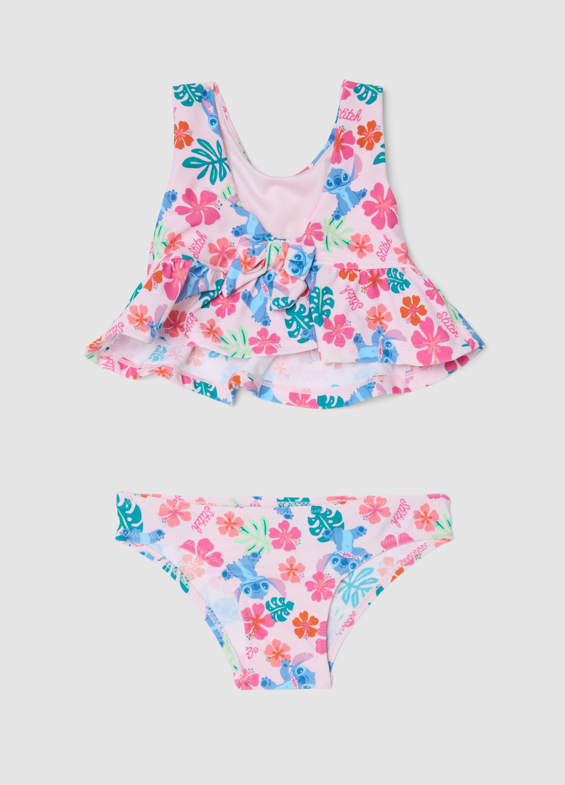 Biqu&iacute;ni rosa em tecido el&aacute;stico com folhos