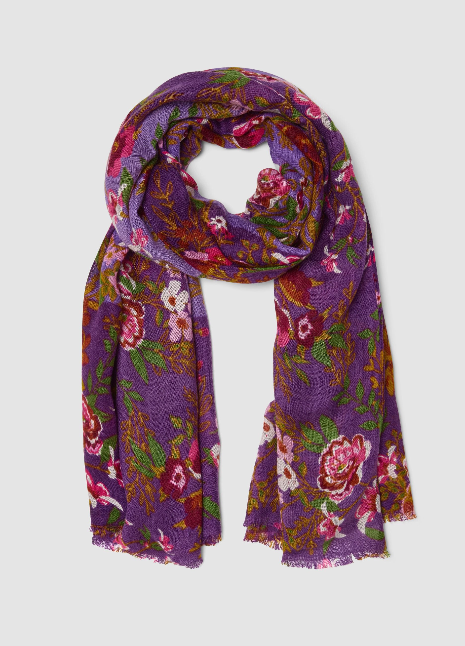 Foulard viola in misto lana con fantasia floreale