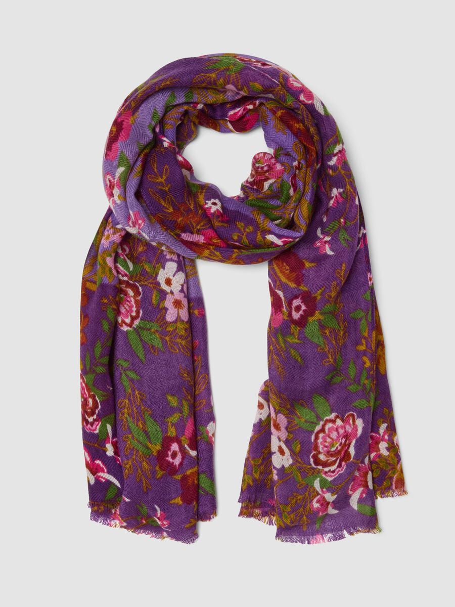 Foulard viola in misto lana con fantasia floreale_0