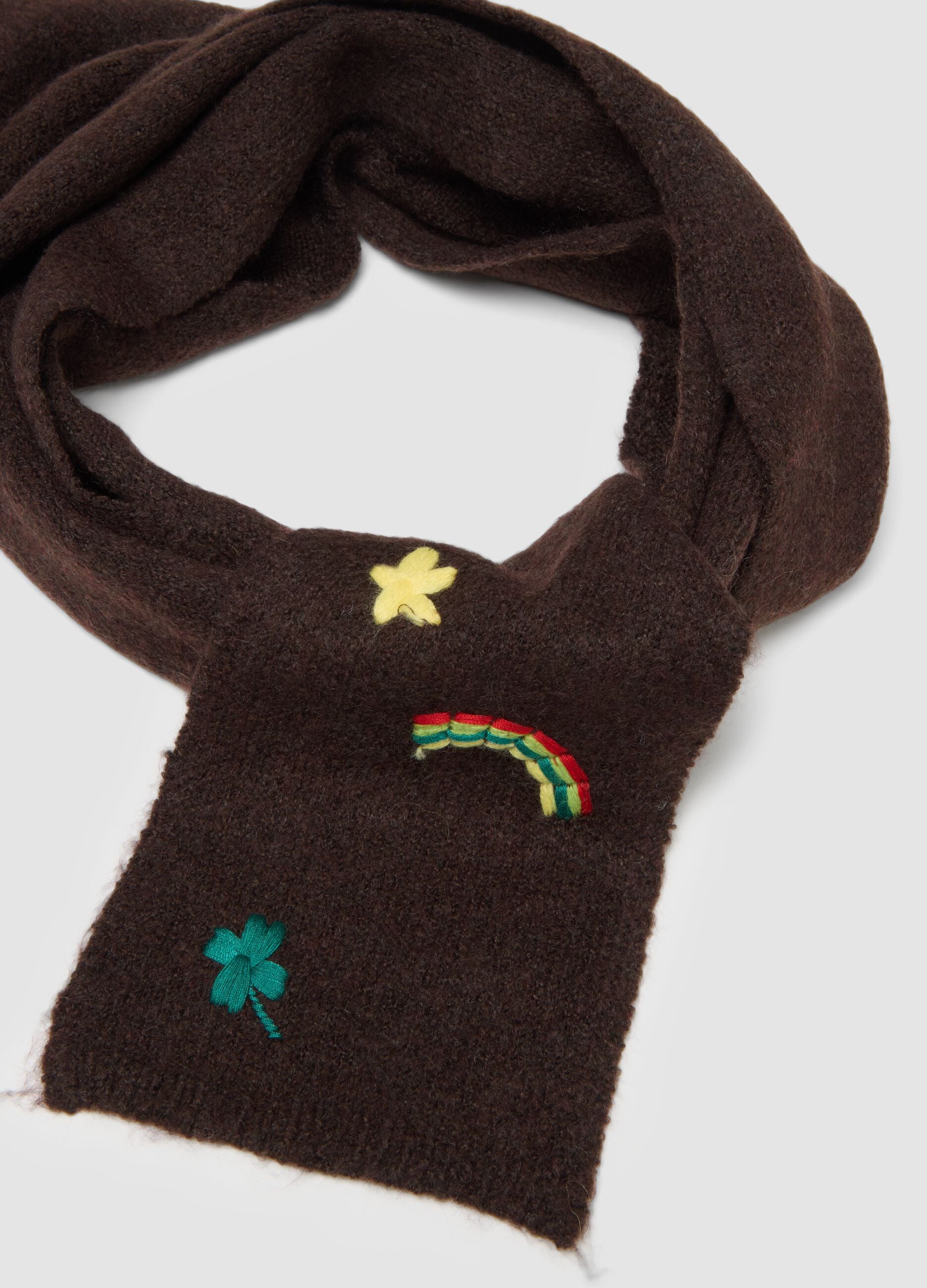 Sciarpa marrone in misto lana elasticizzata con ricami