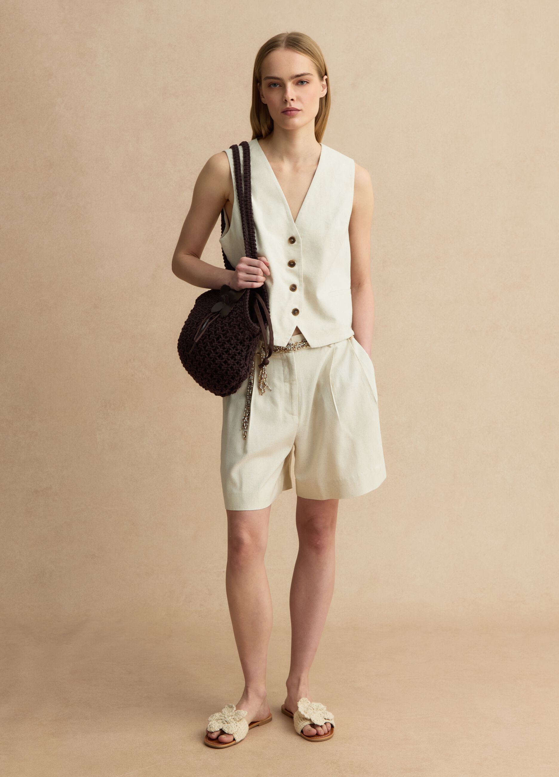 Beige slim fit viscose and linen mix waistcoat