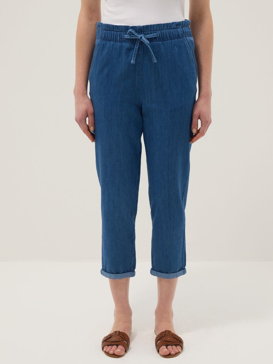 Paper bag trousers in pure blue denim cotton regular fit_1