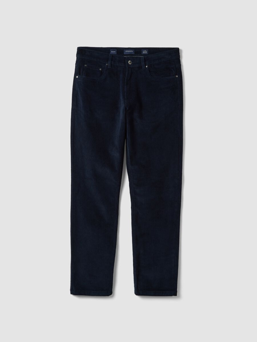 Pantaloni blu in cotone elasticizzato a coste slim fit_0