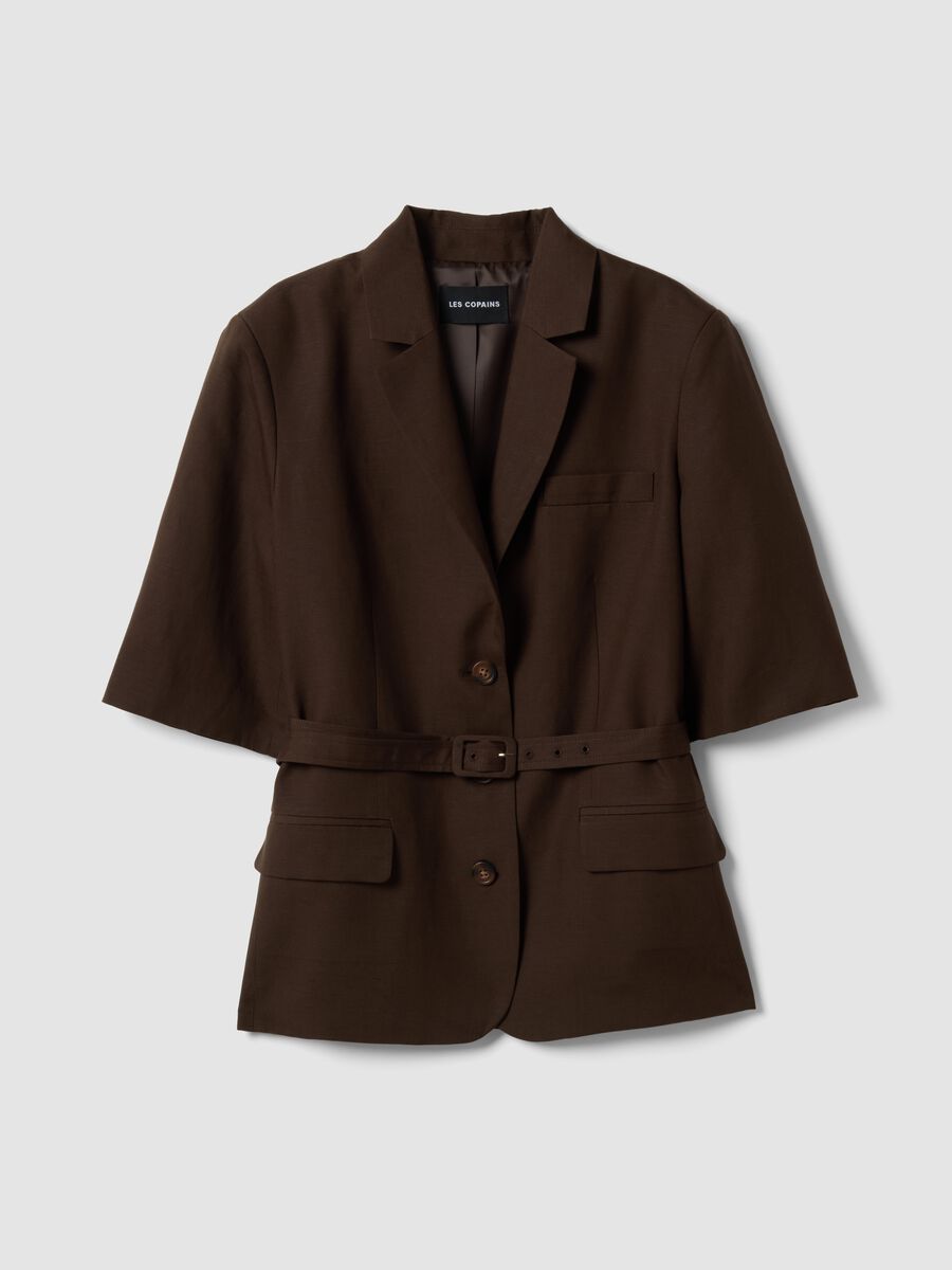 Brown regular fit lyocell and linen blend blazer with belt_0