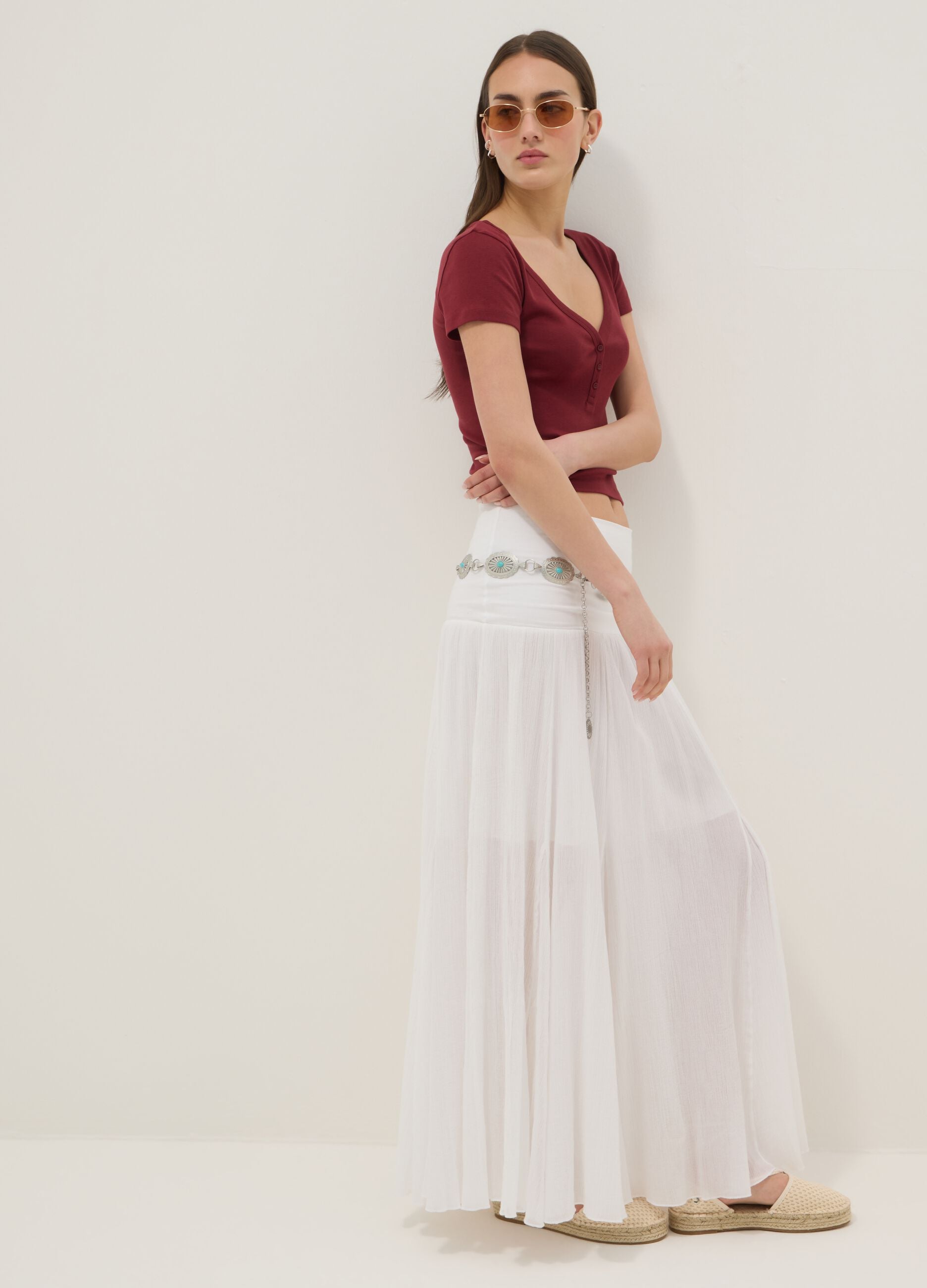 Long white pure cotton skirt with elasticated waist and sheer detailing