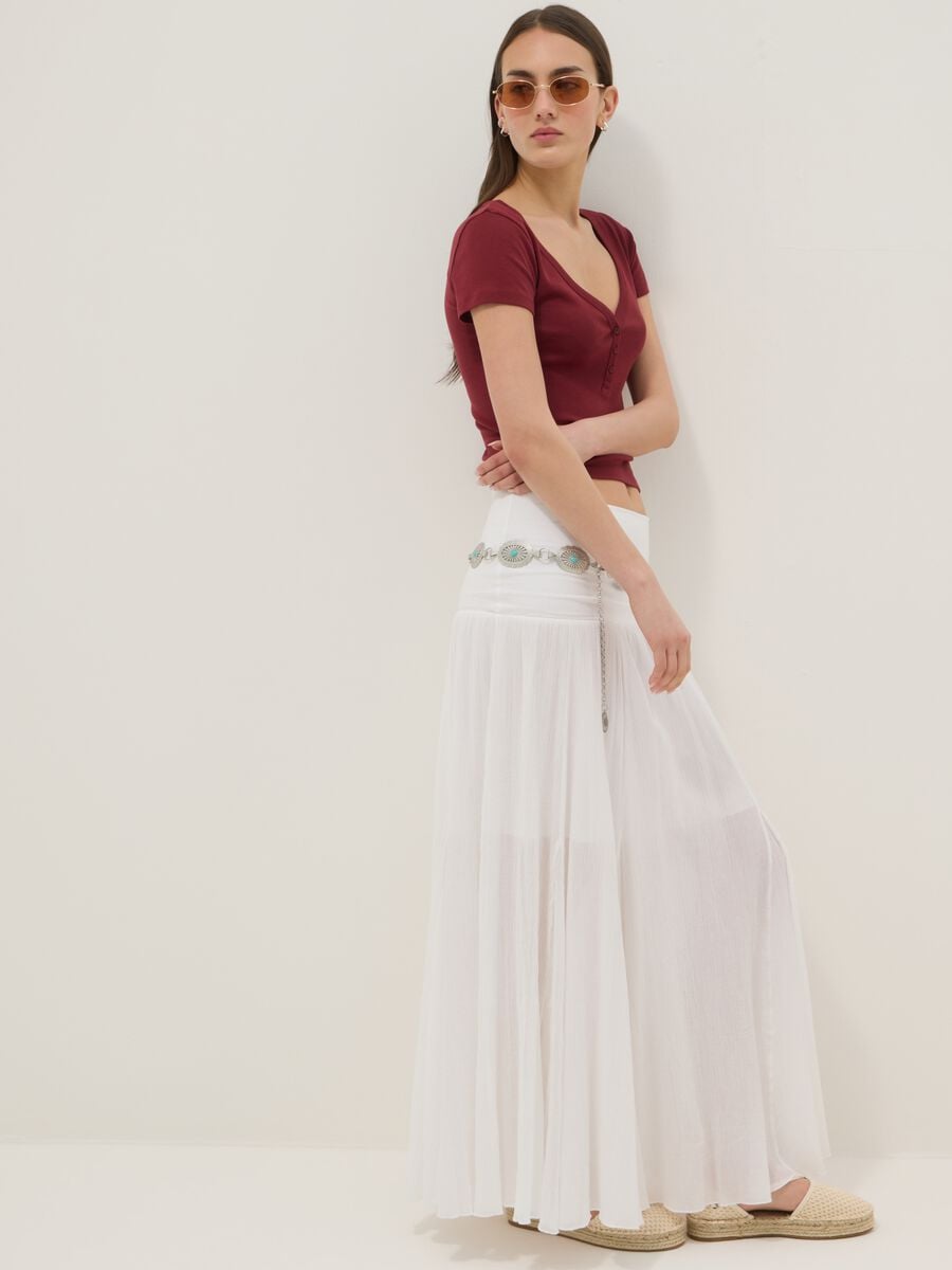 Long white pure cotton skirt with elasticated waist and sheer detailing_2