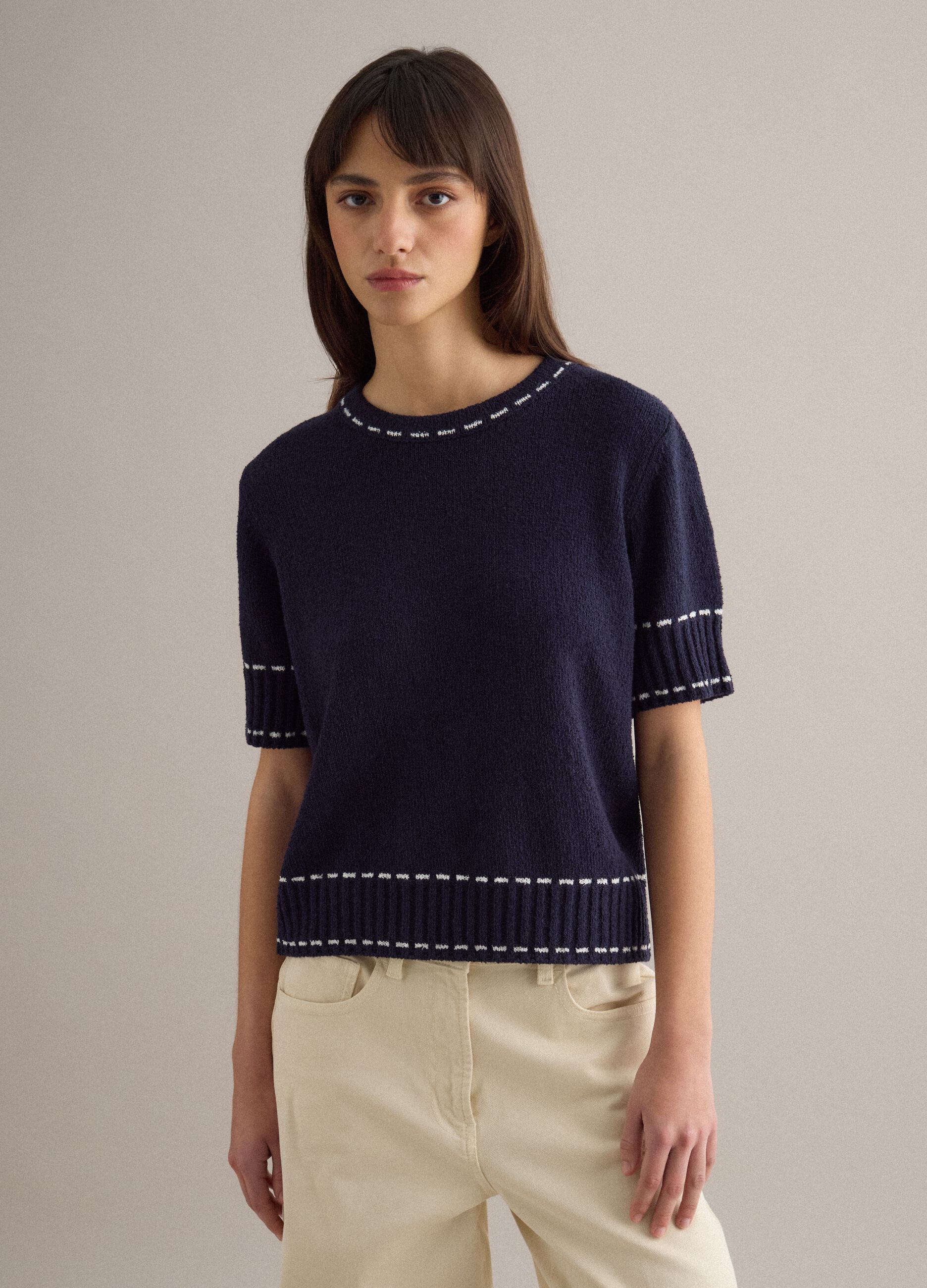 Blue cotton-blend sweater regular fit with contrast stitching