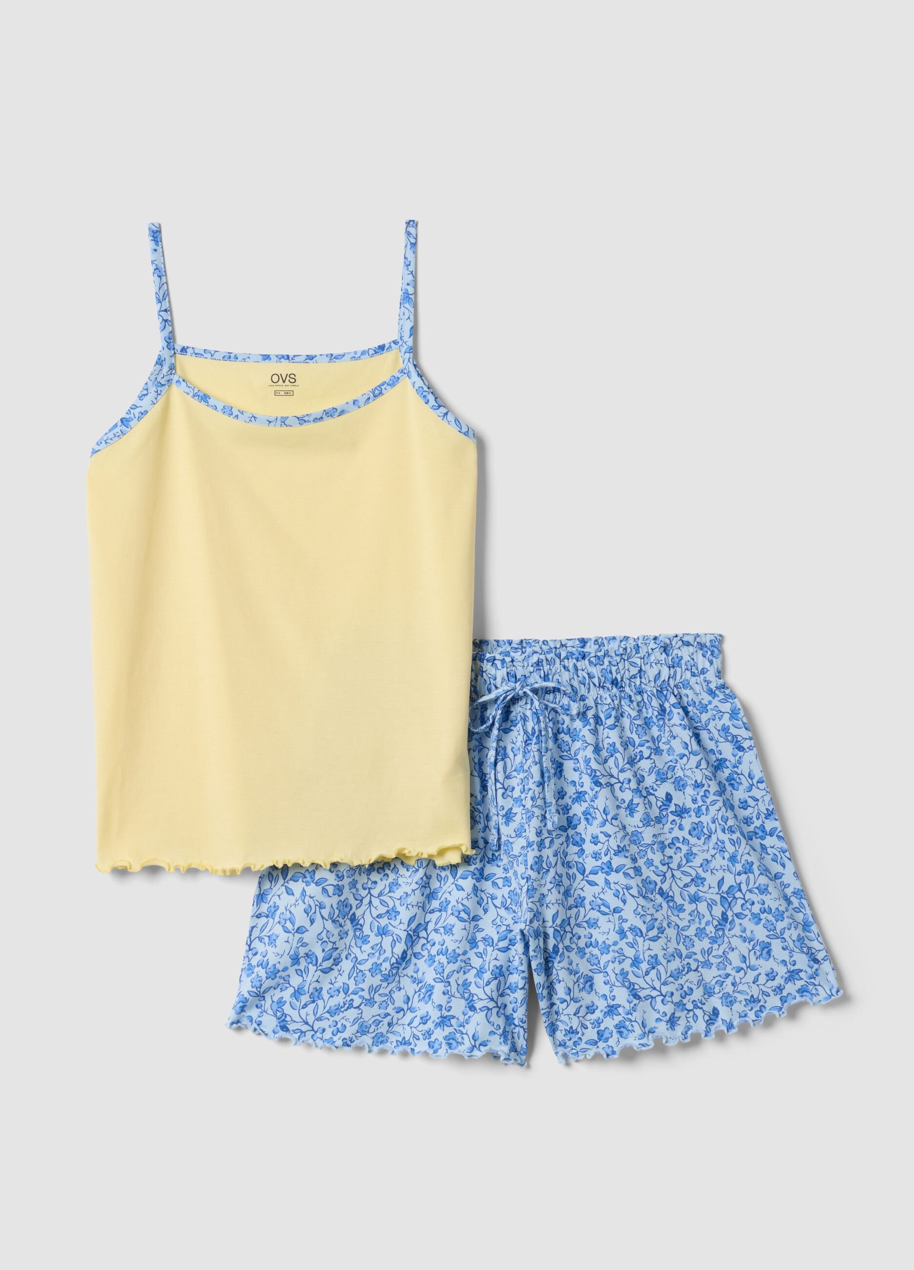 Pijama amarelo em algod&atilde;o org&acirc;nico com top de al&ccedil;as finas